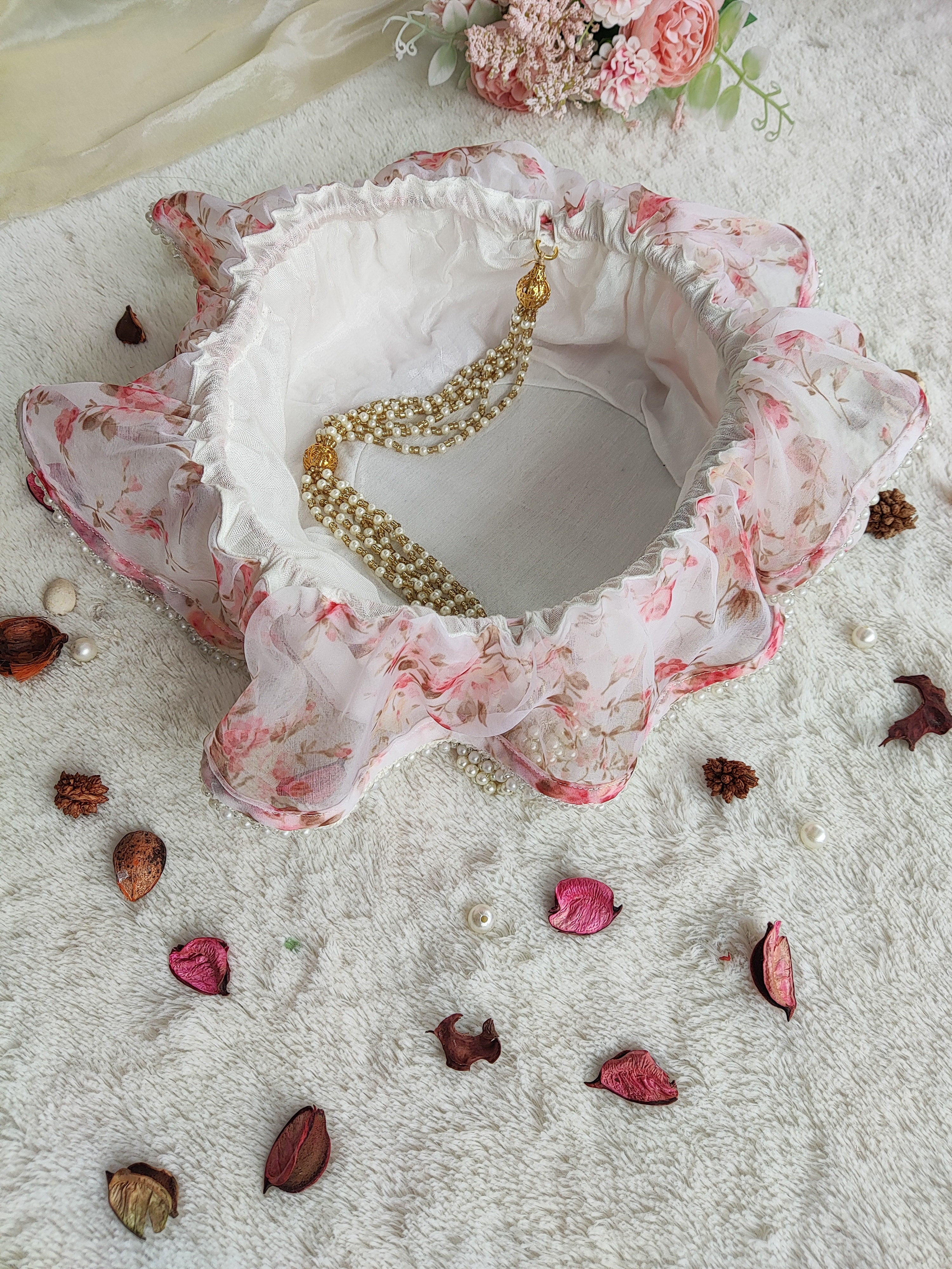 White Floral Organza Round Potli Bag
