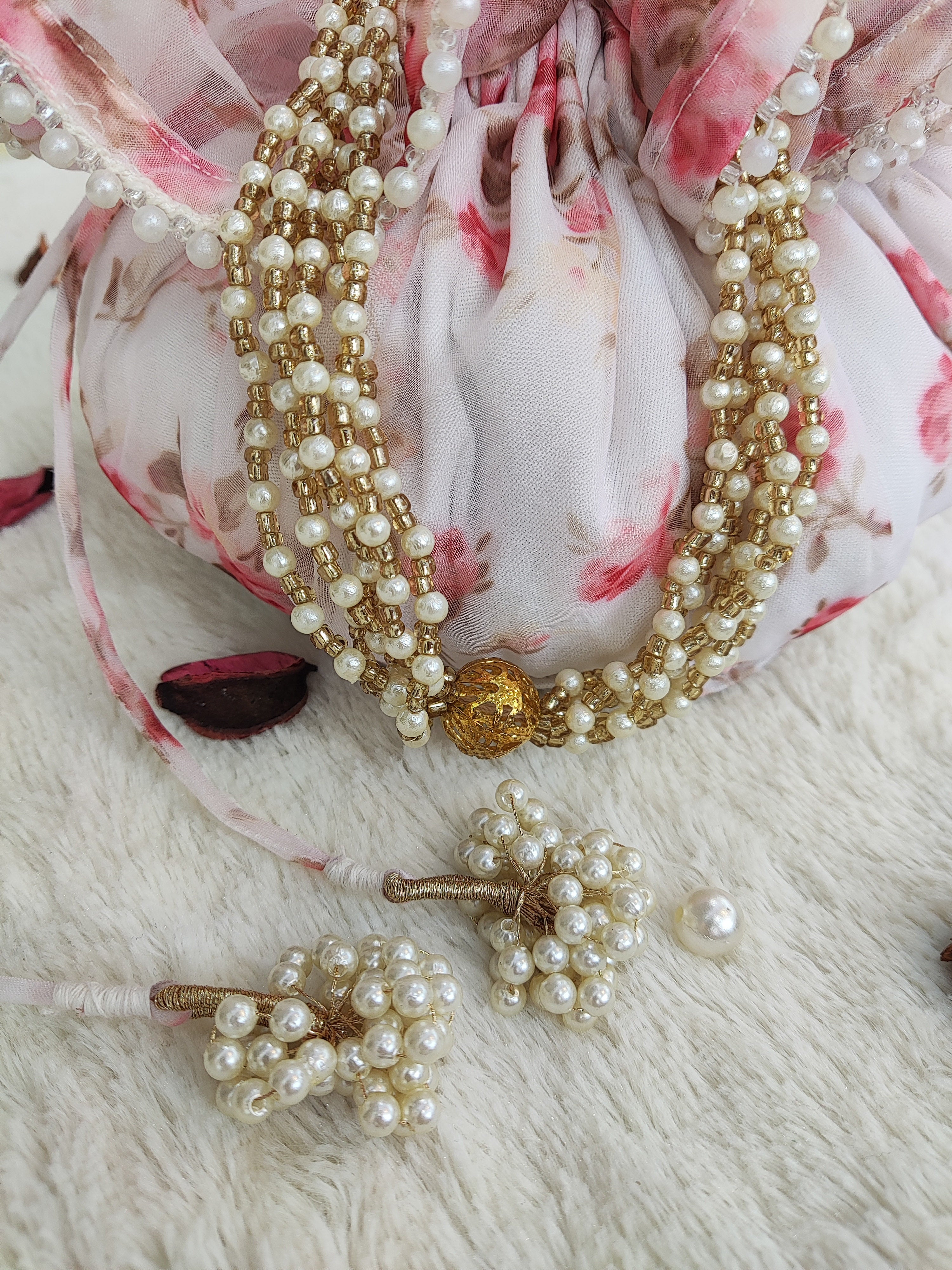 White Floral Organza Round Potli Bag