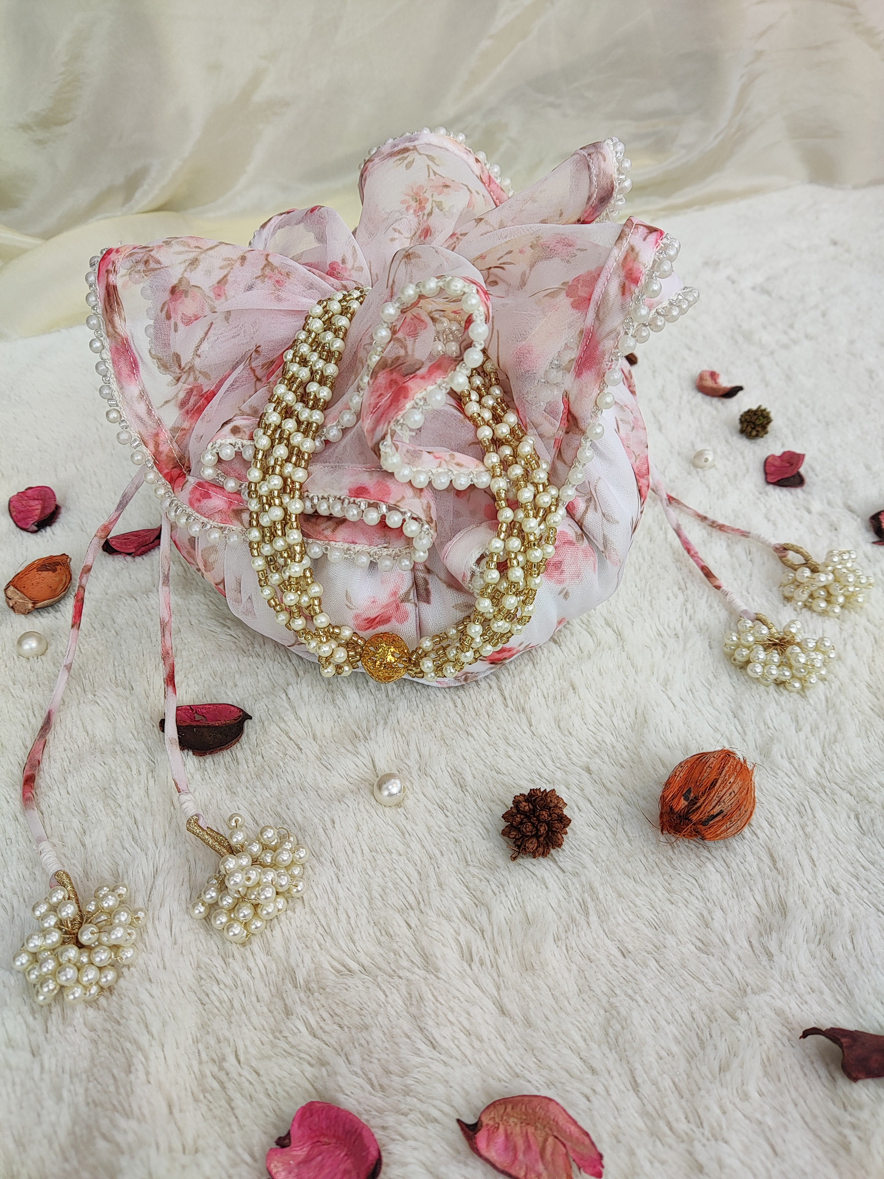 White Floral Organza Round Potli Bag