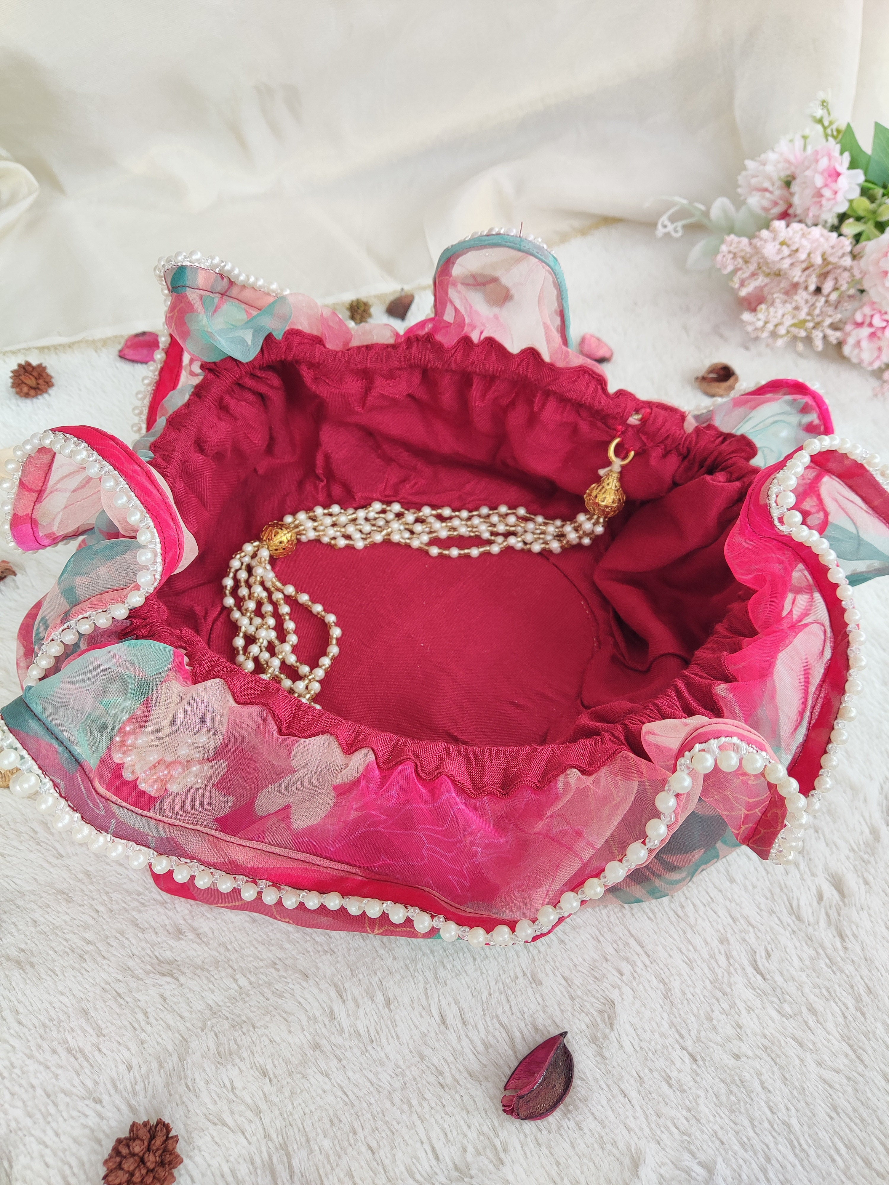 Red Organza Print Round Potli Bag