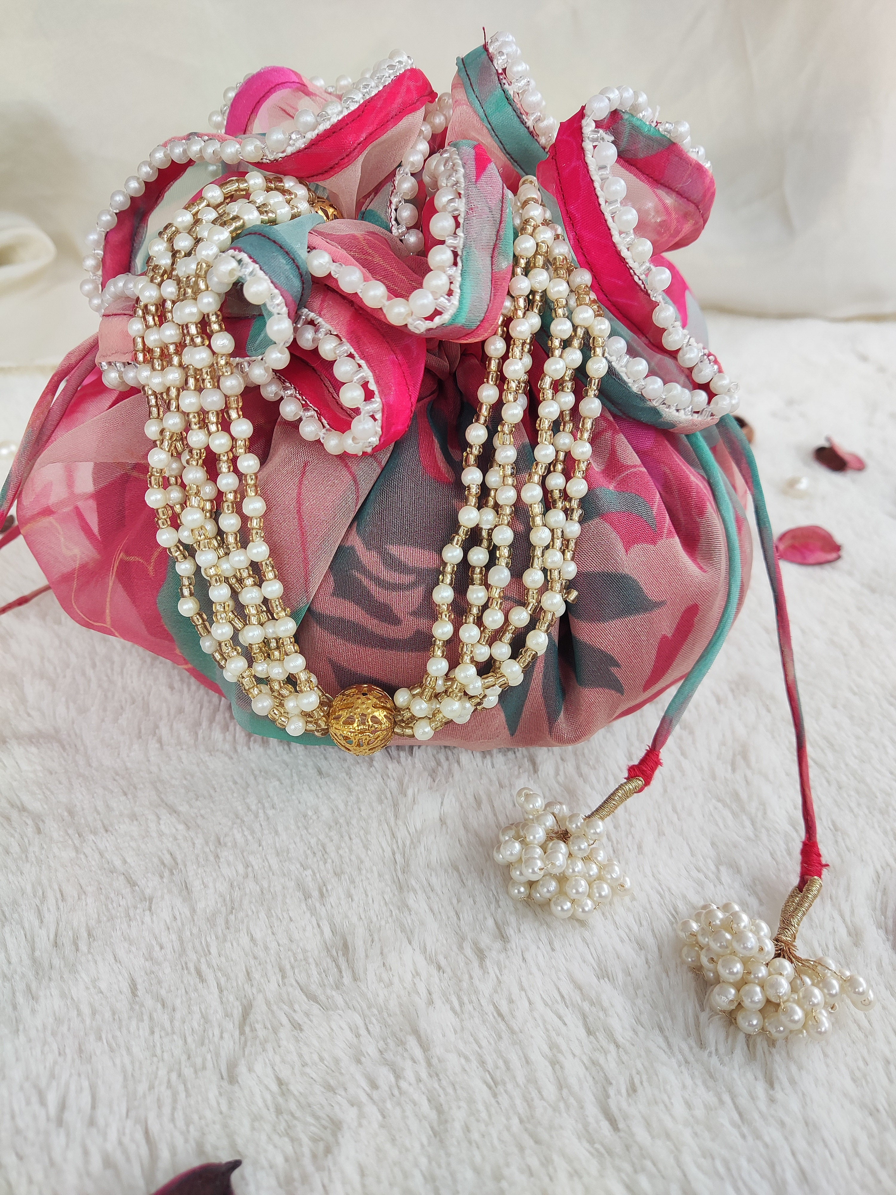 Red Organza Print Round Potli Bag