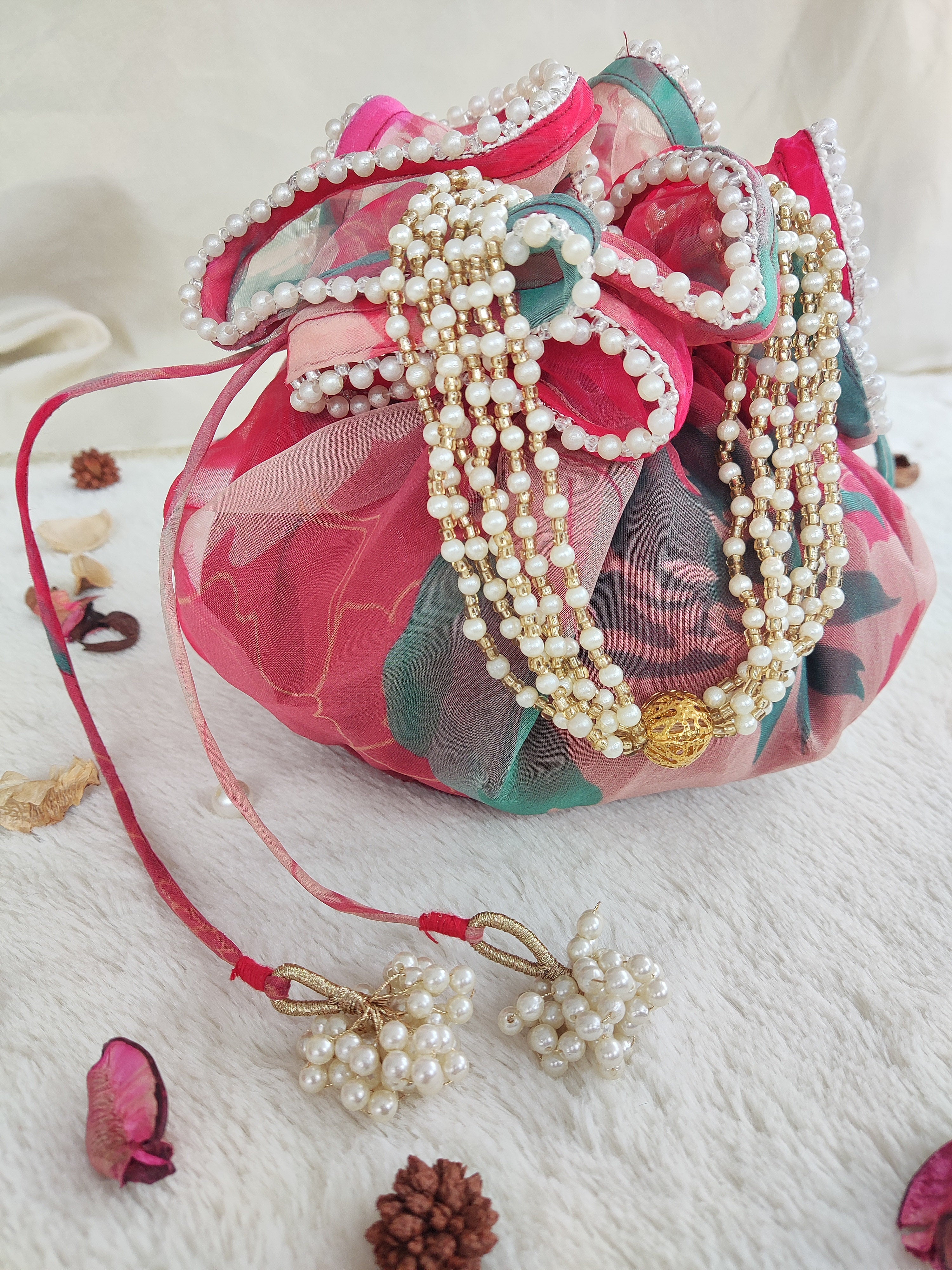 Red Organza Print Round Potli Bag