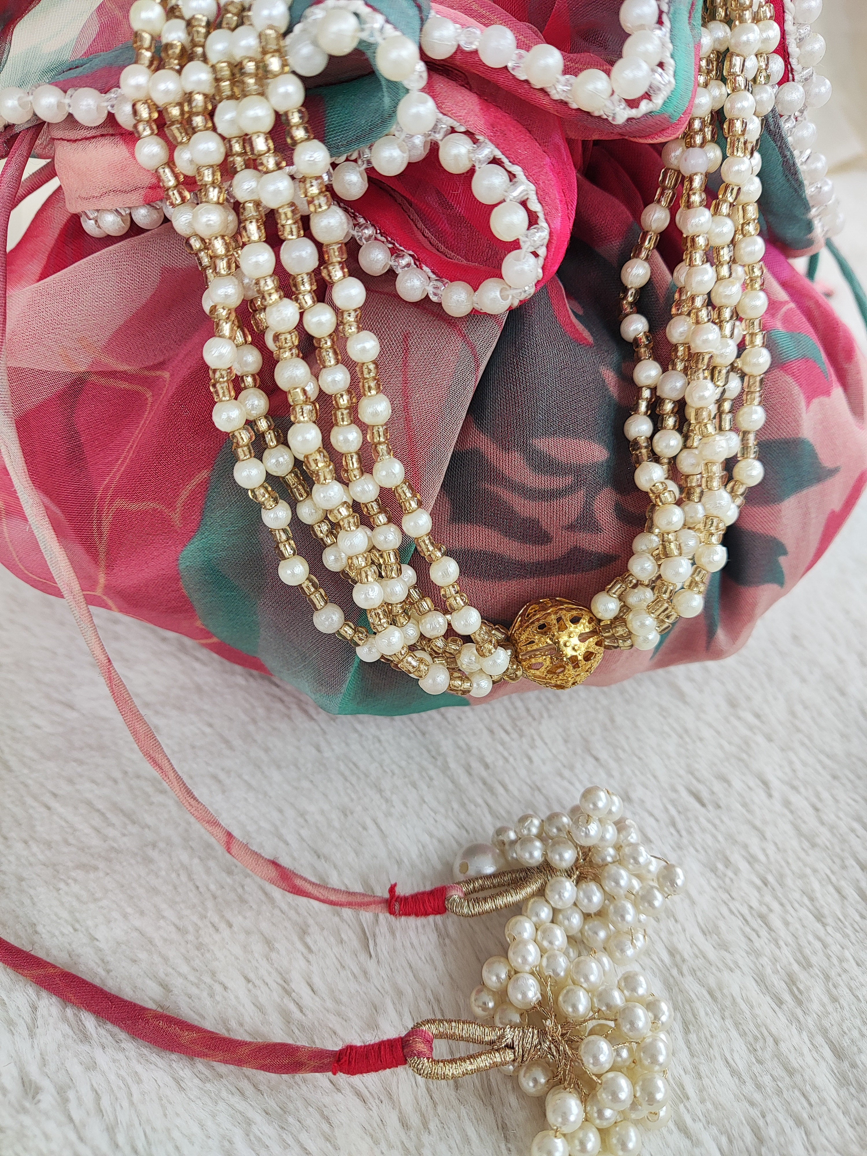 Red Organza Print Round Potli Bag
