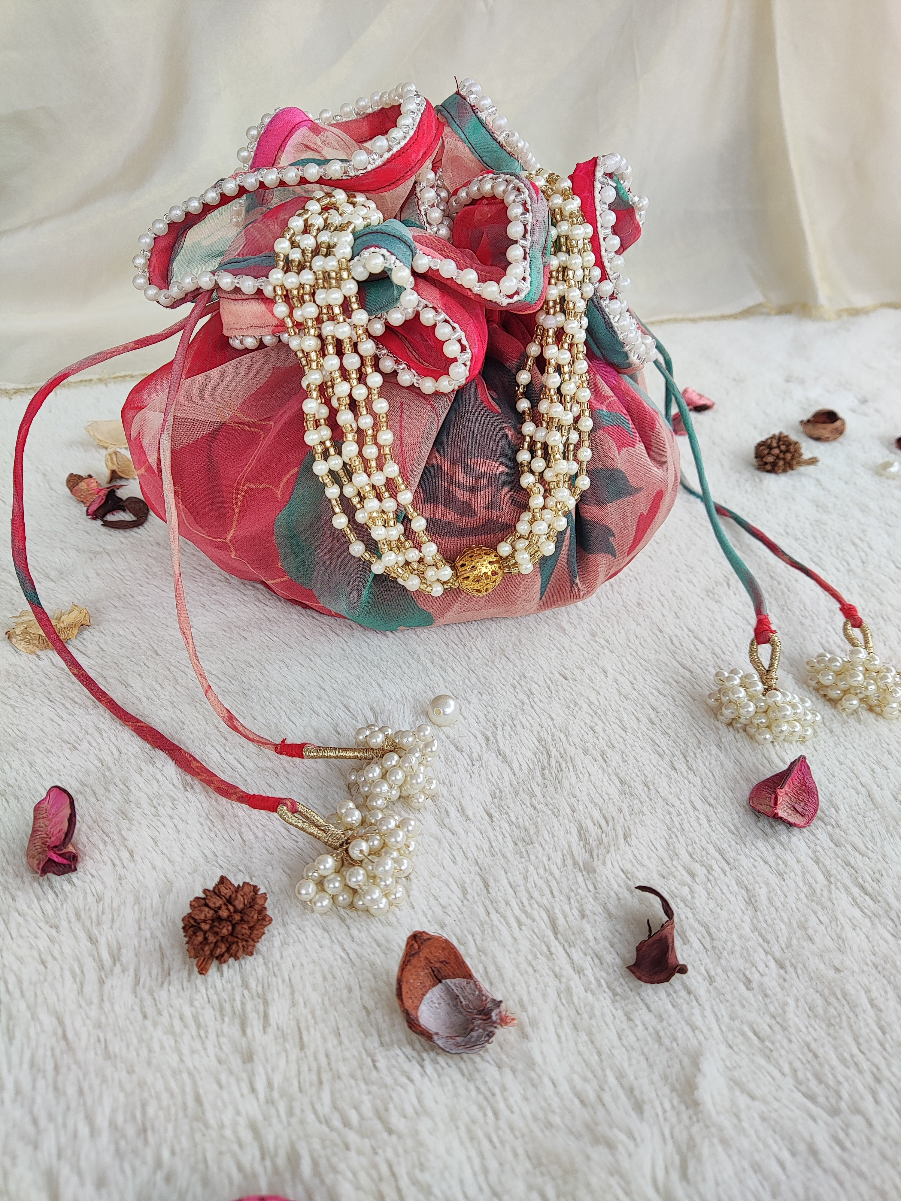 Red Organza Print Round Potli Bag