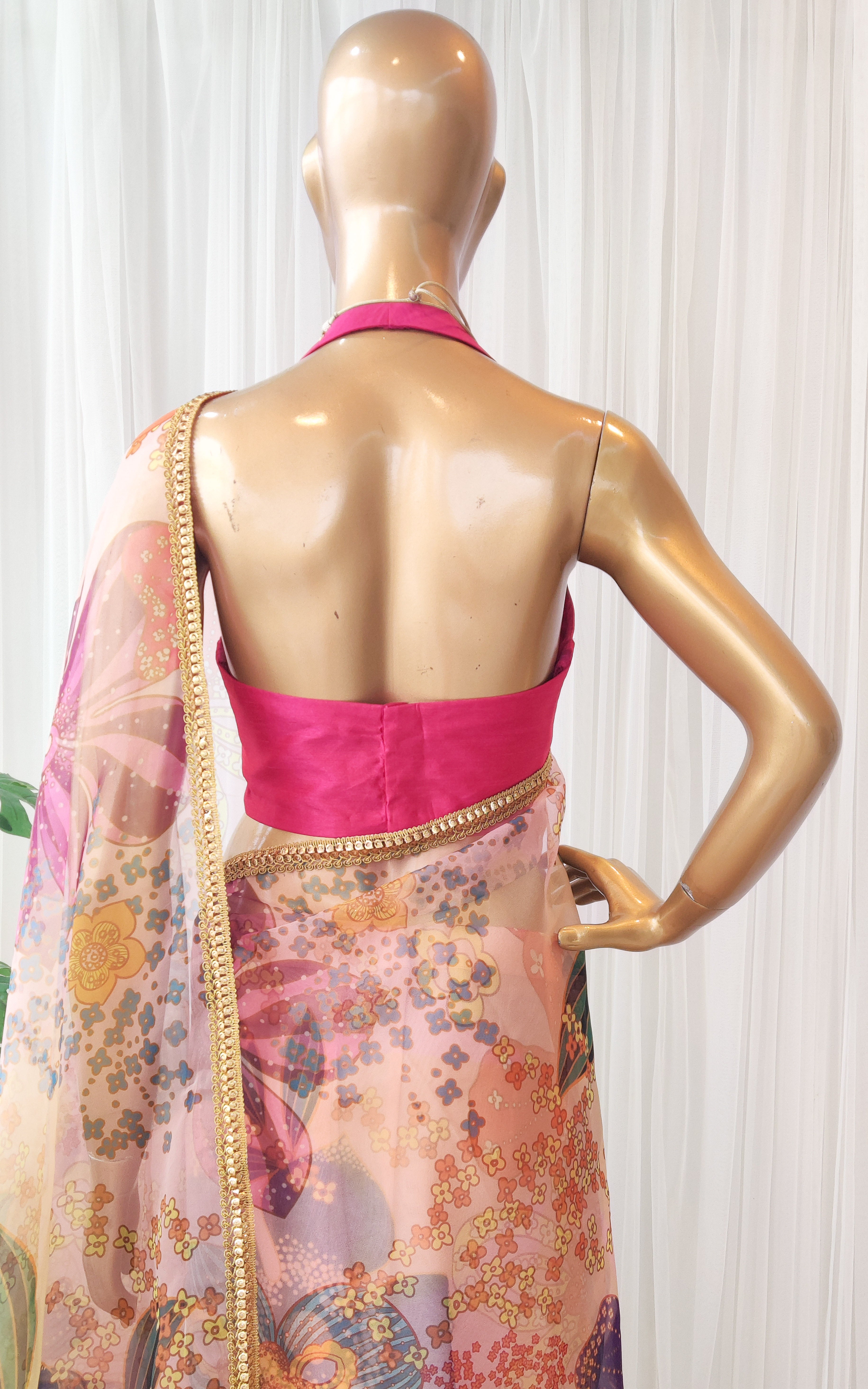 Vintage Pink Multi Color Floral Organza Saree