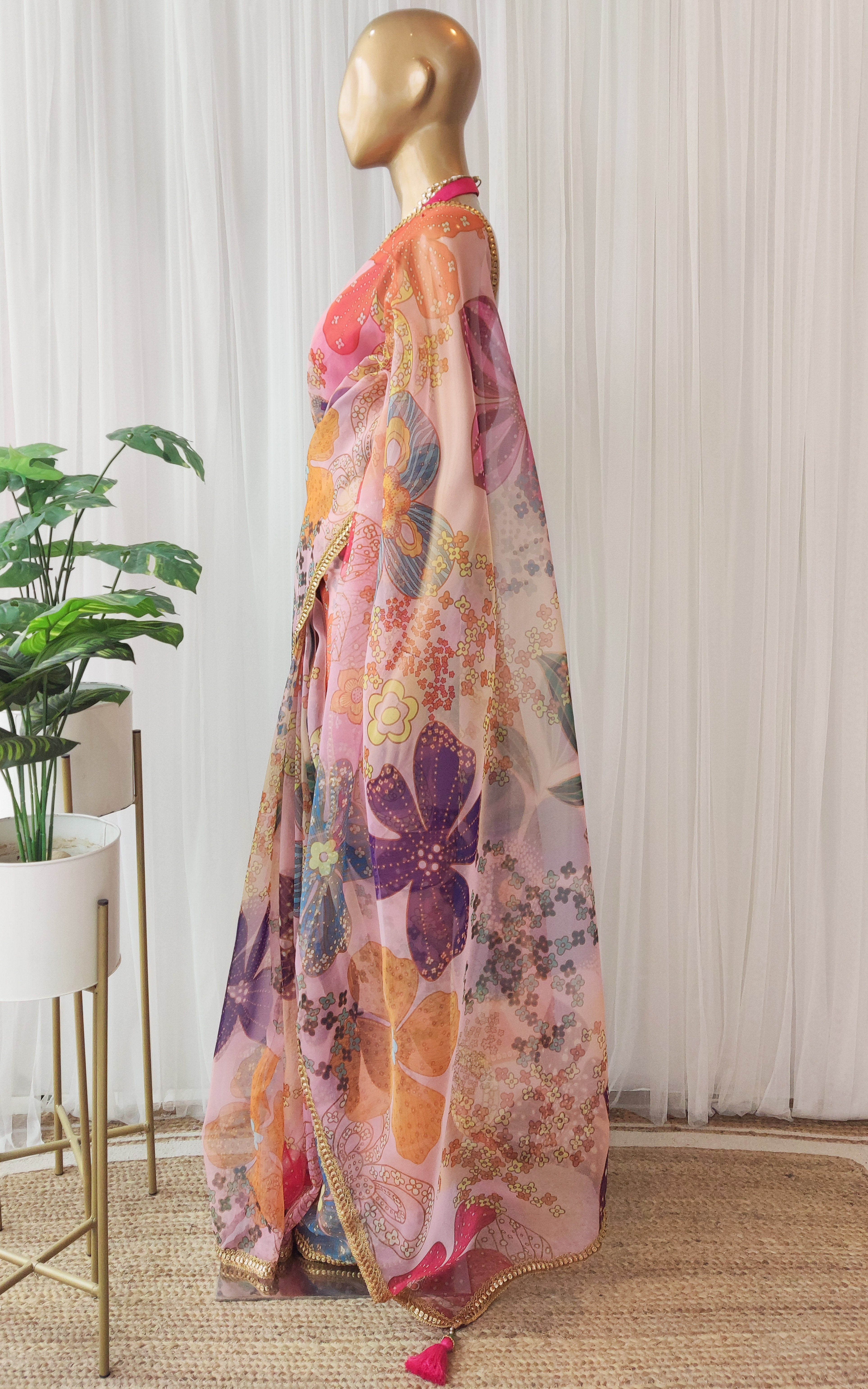 Vintage Pink Multi Color Floral Organza Saree