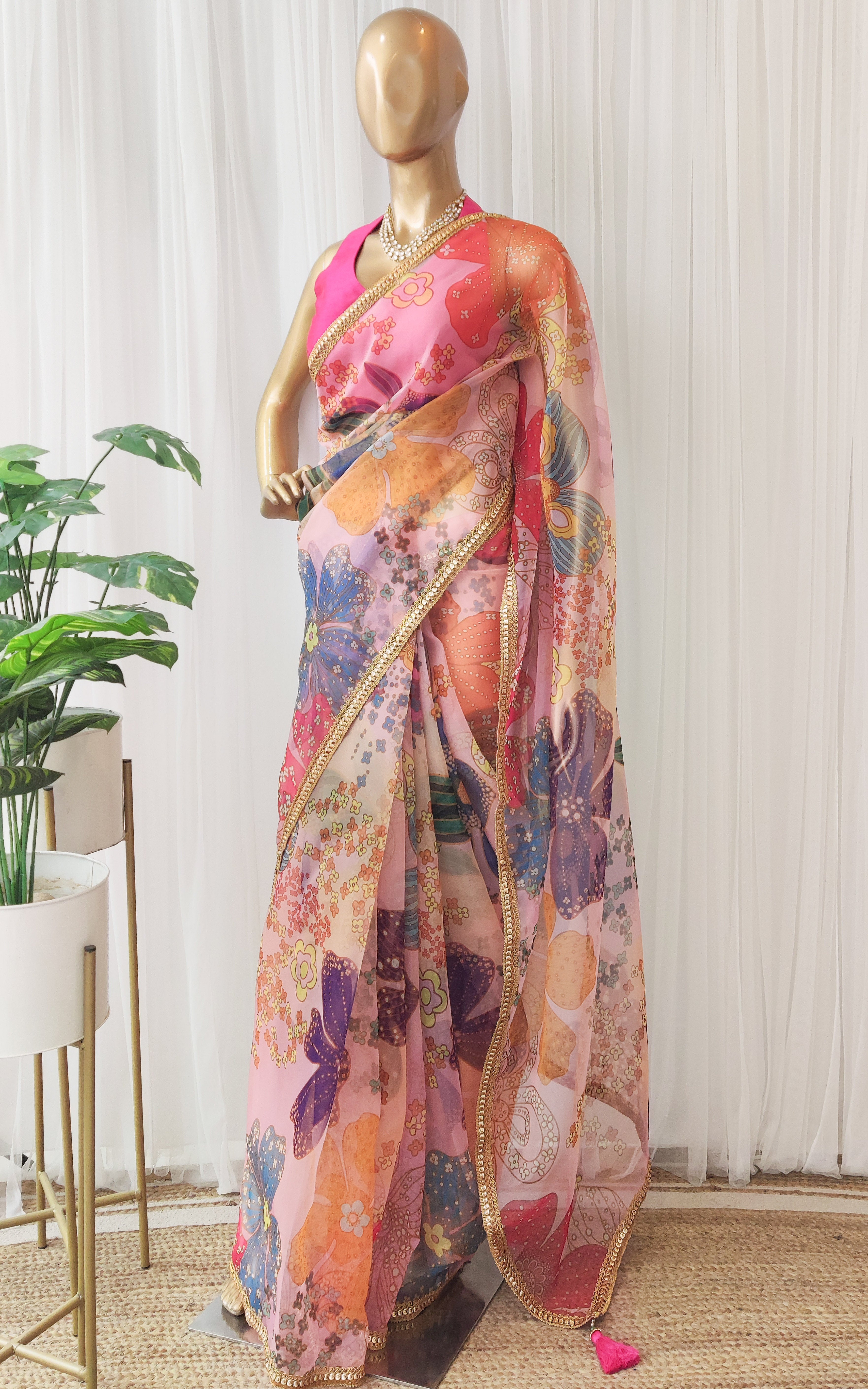 Vintage Pink Multi Color Floral Organza Saree