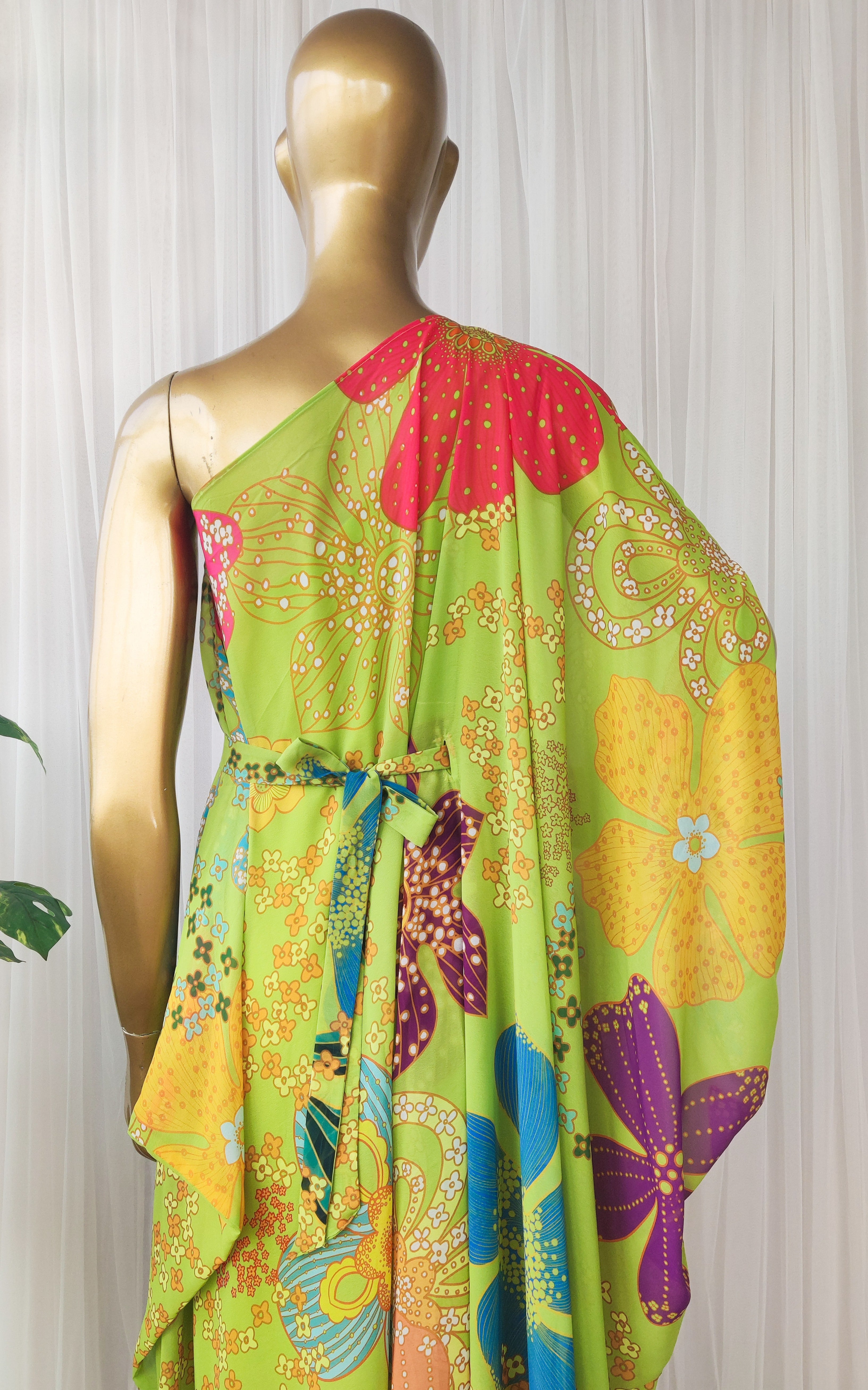 Green Floral Georgette One-Shoulder Draped Dress