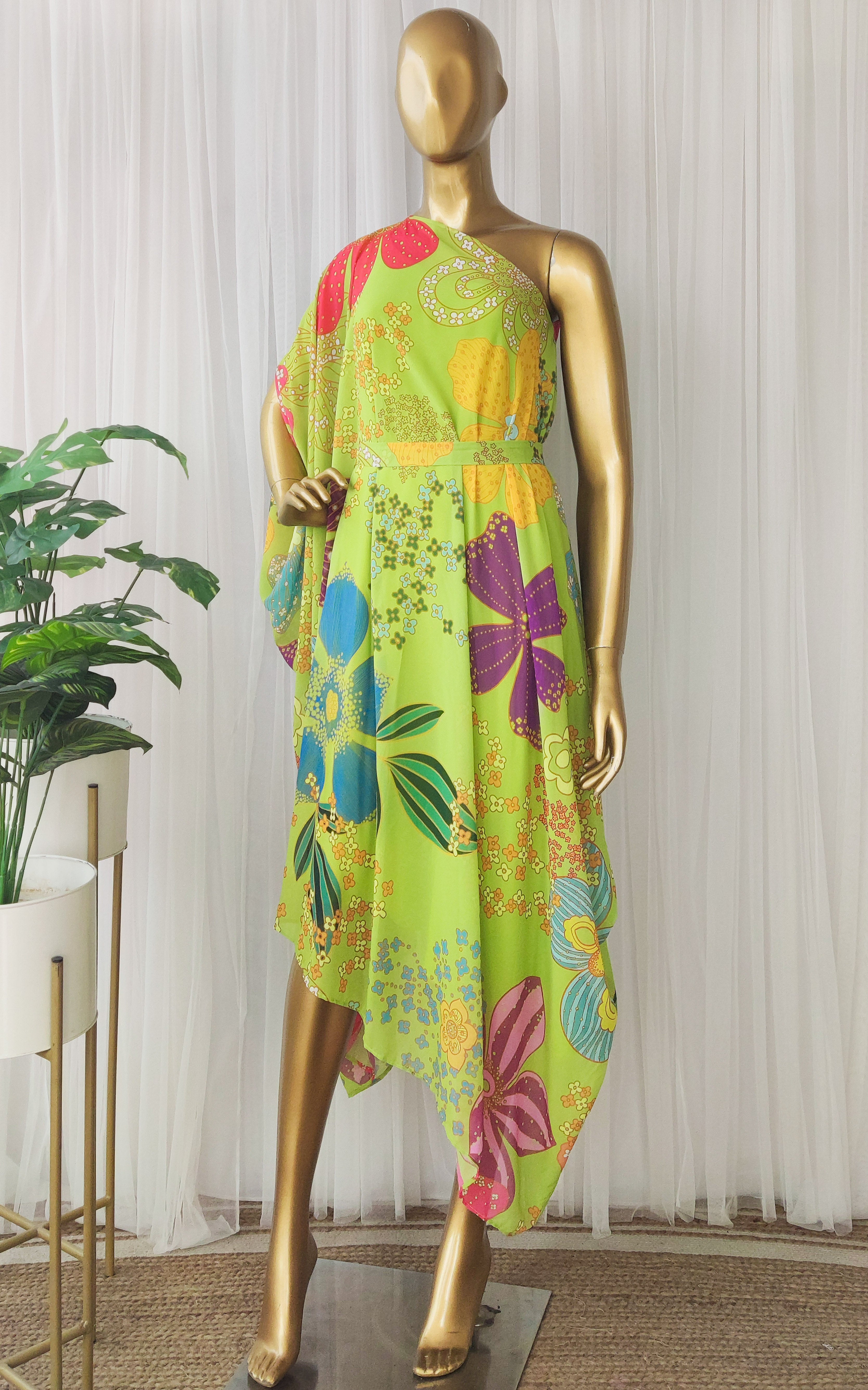 Green Floral Georgette One-Shoulder Draped Dress