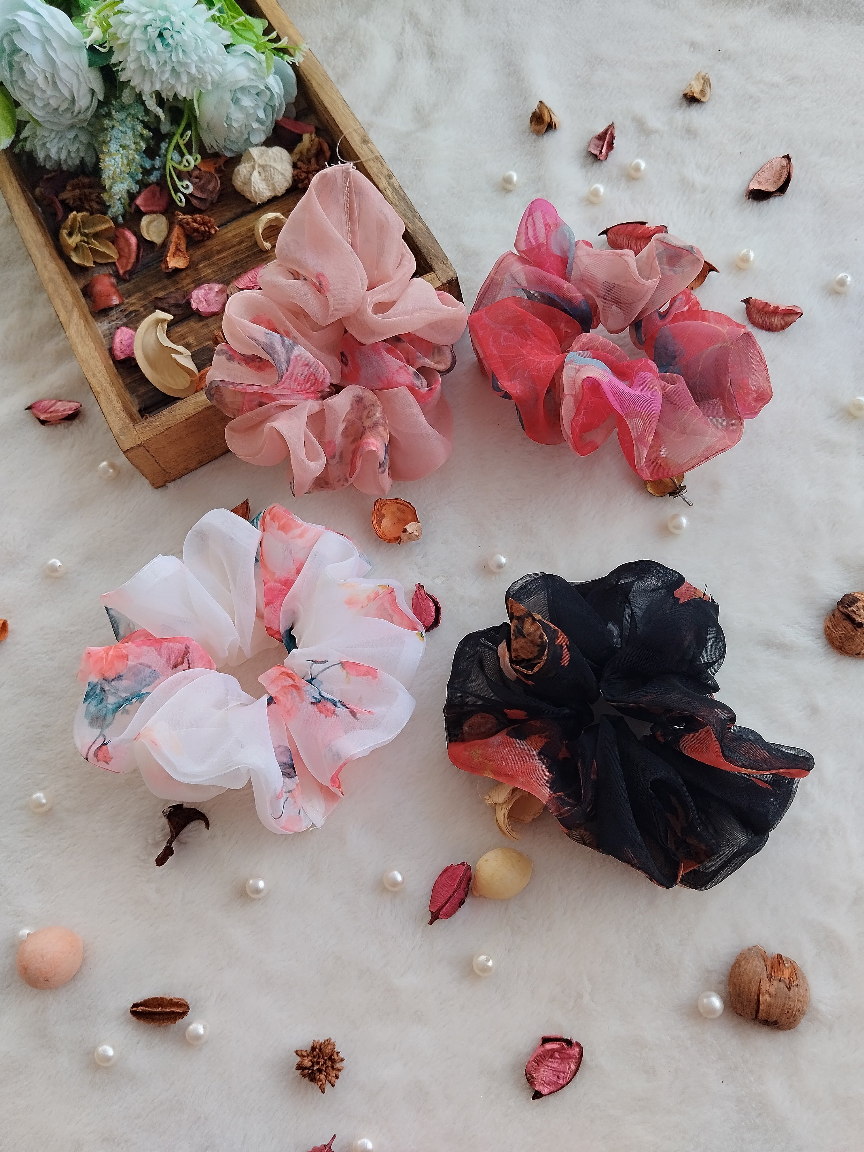 Giant Organza Scrunchies Combo (Black, White, Dusty Pink, Red)