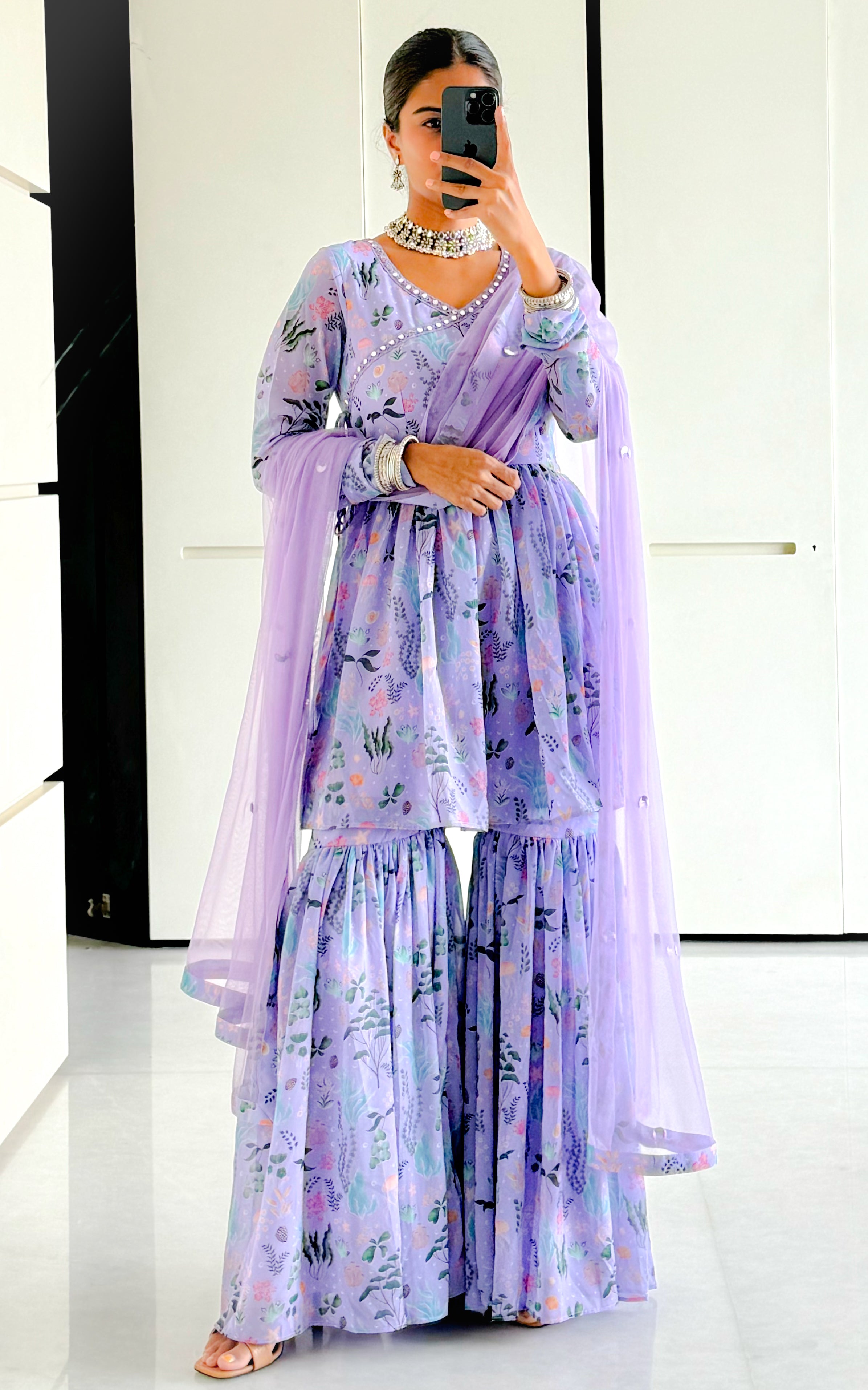 Sonal Purple Mirrorwork Georgette Sharara Set