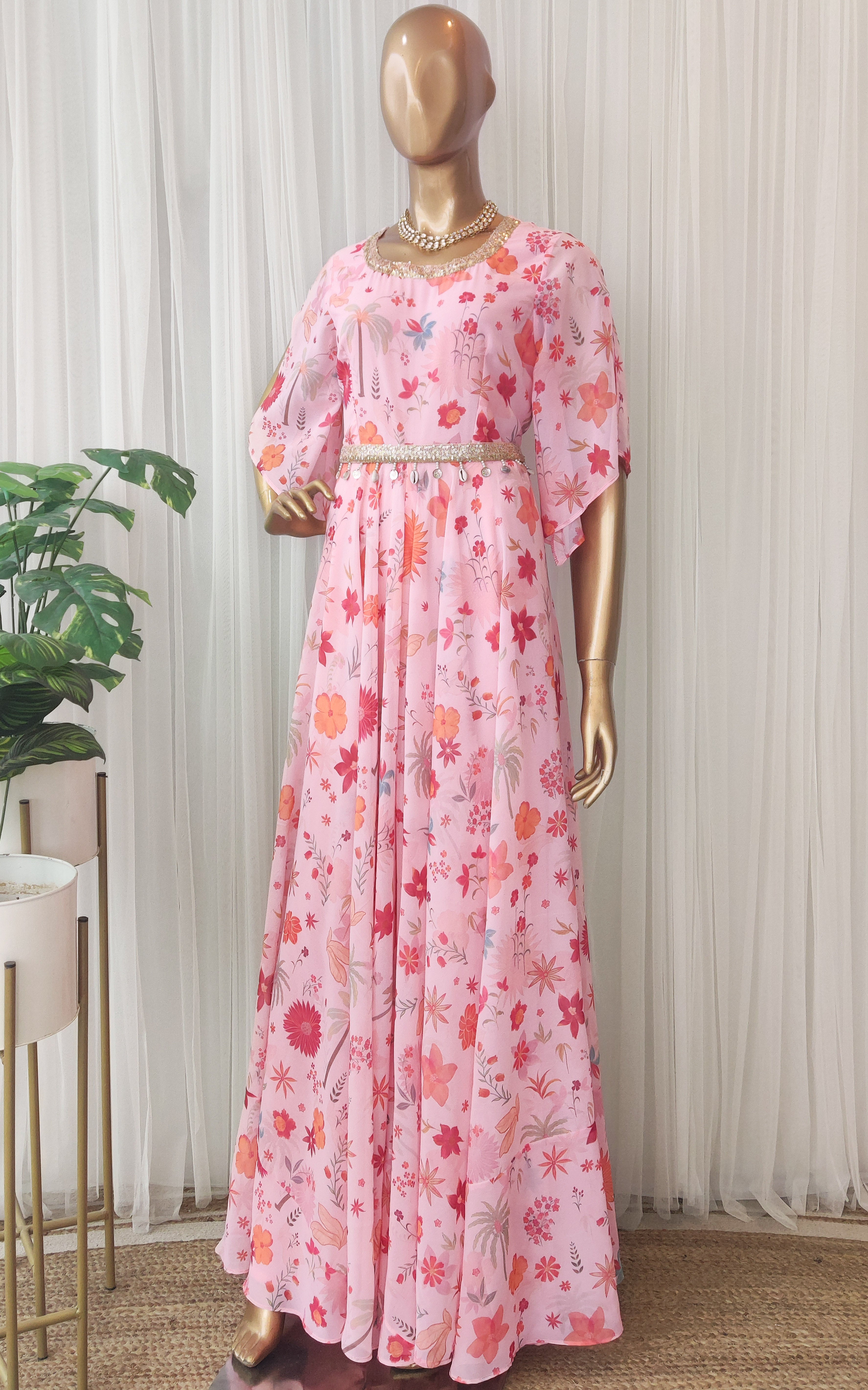 Pink Tropical Printed Jumpsuit with Belt