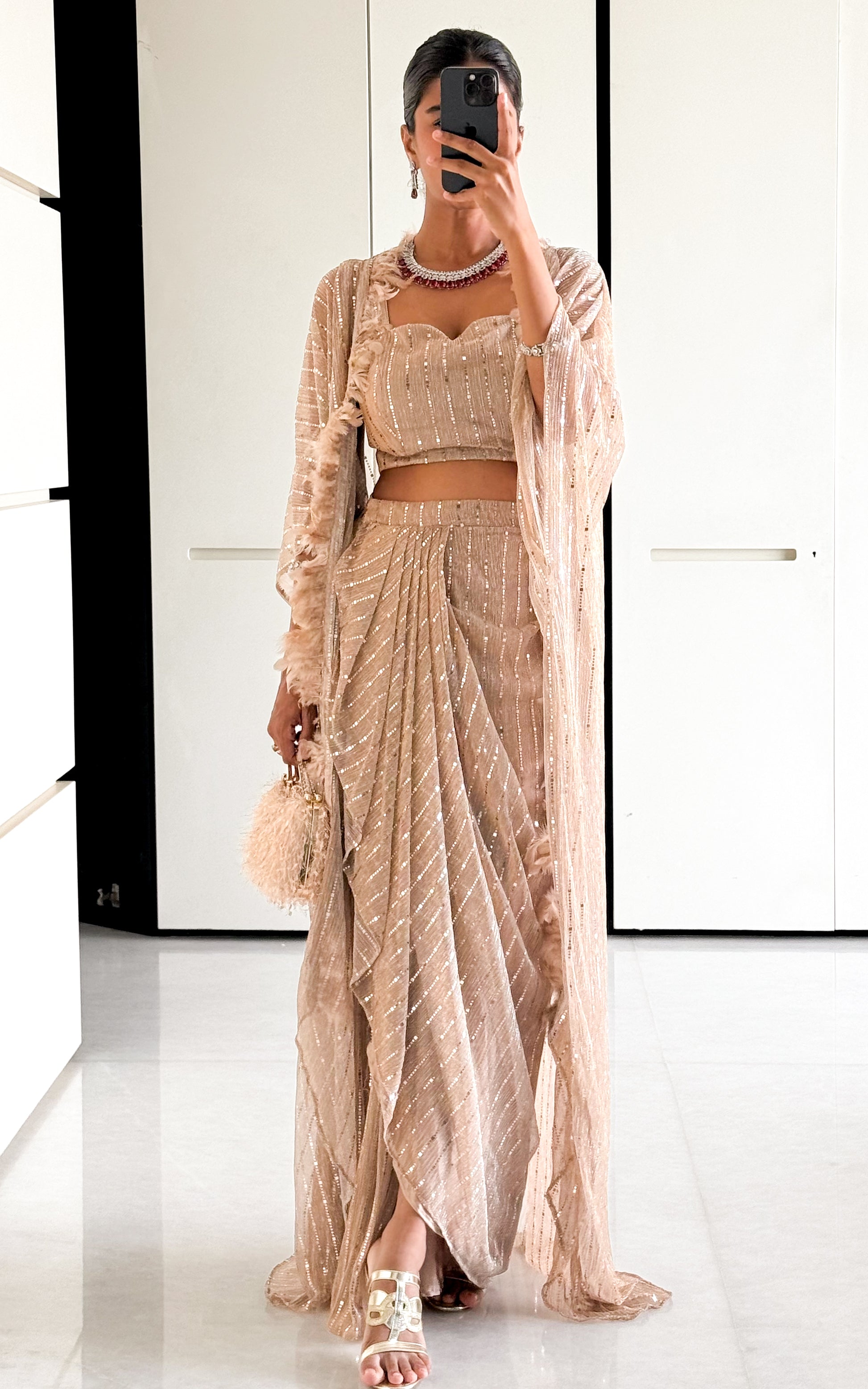 Sonal Old Rose Shimmer Draped Skirt Co-Ord Set - Main Image