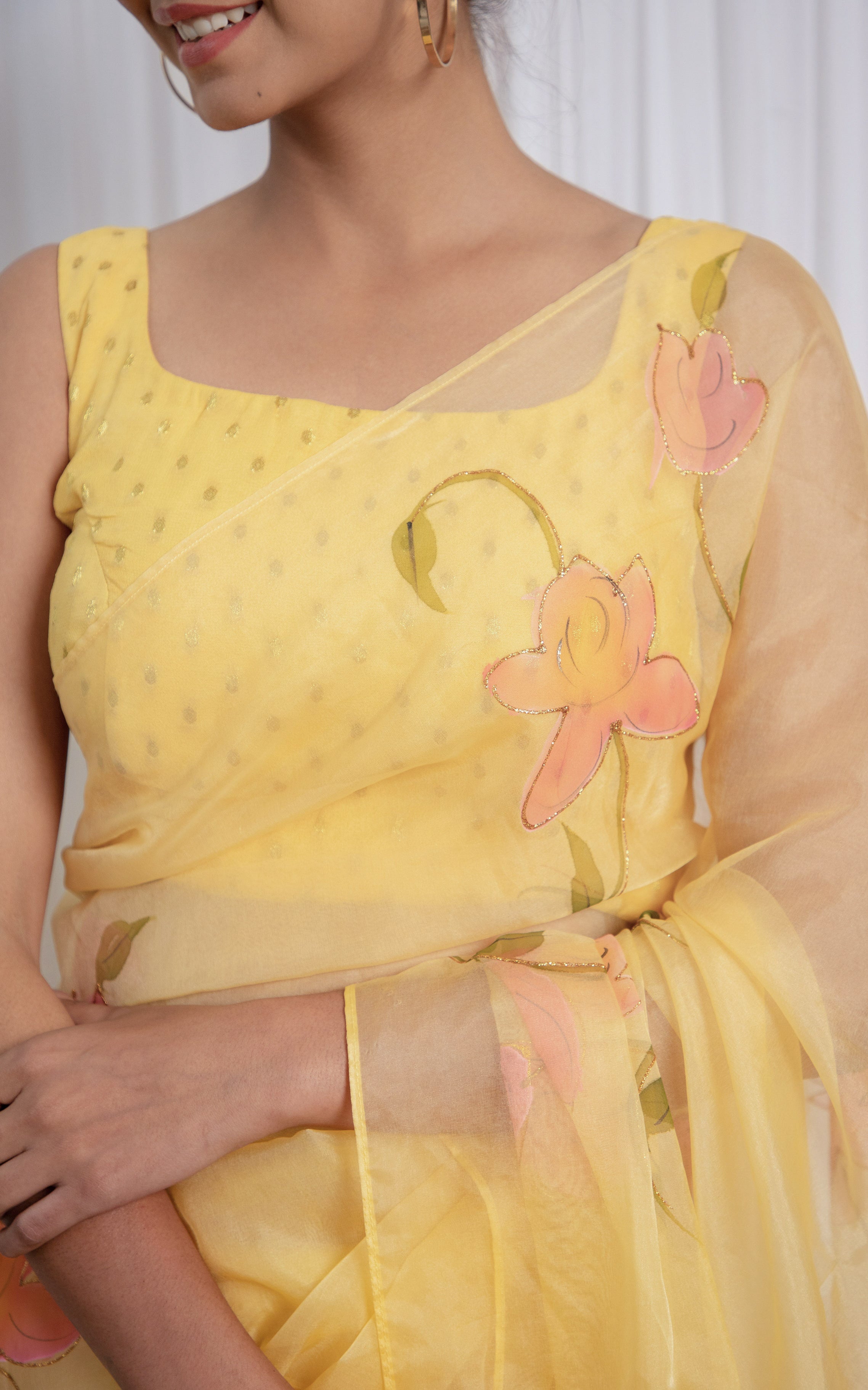 Light Yellow Handpainted Organza Saree