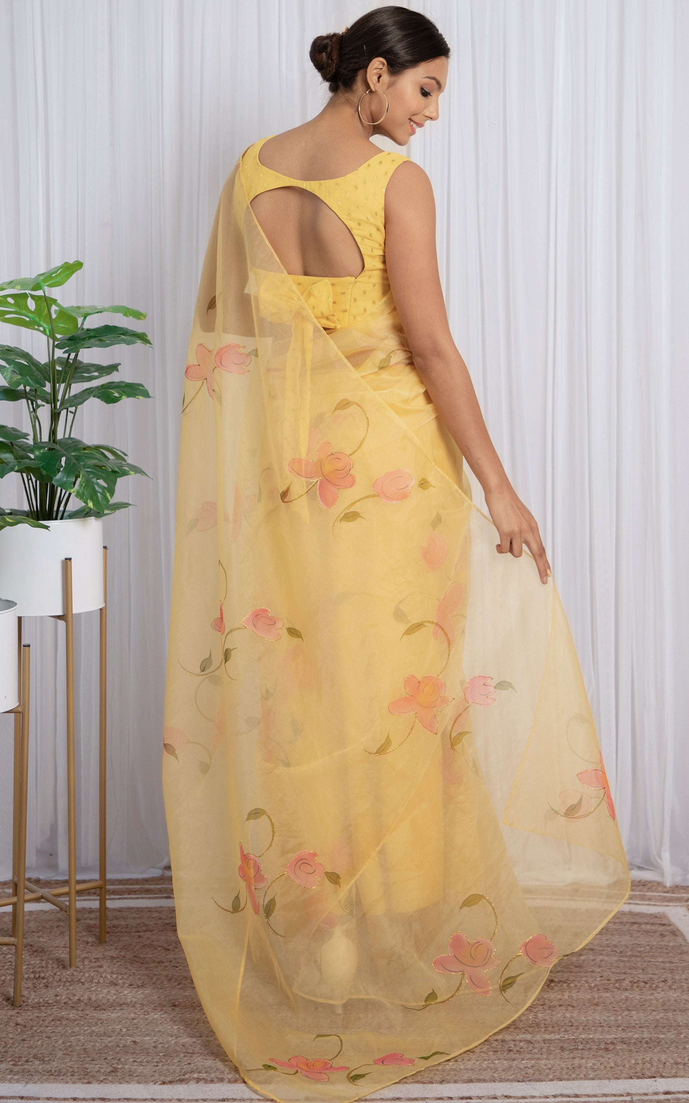 Light Yellow Handpainted Organza Saree