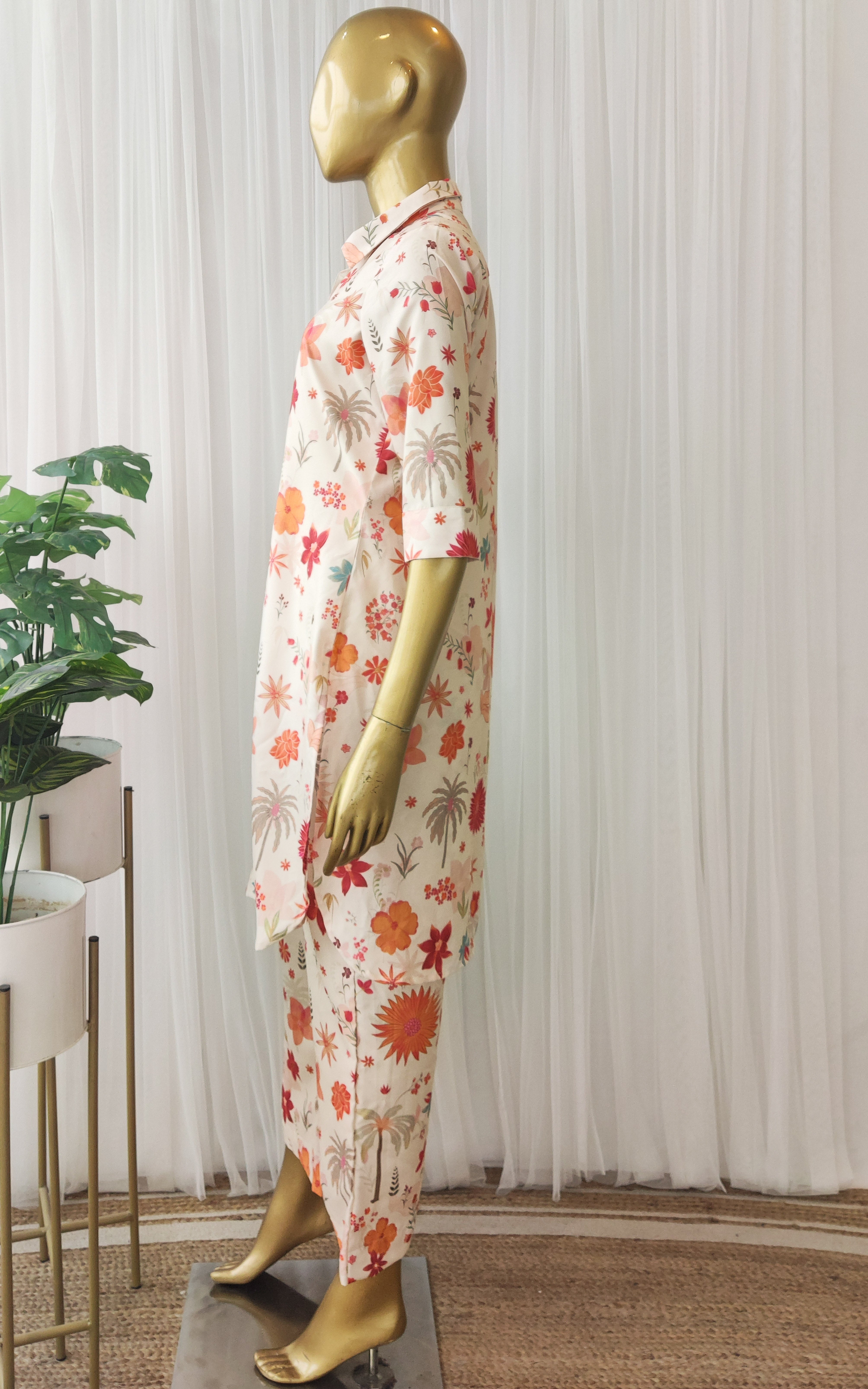 Ecru Tropical Print Crepe Co-Ord Set