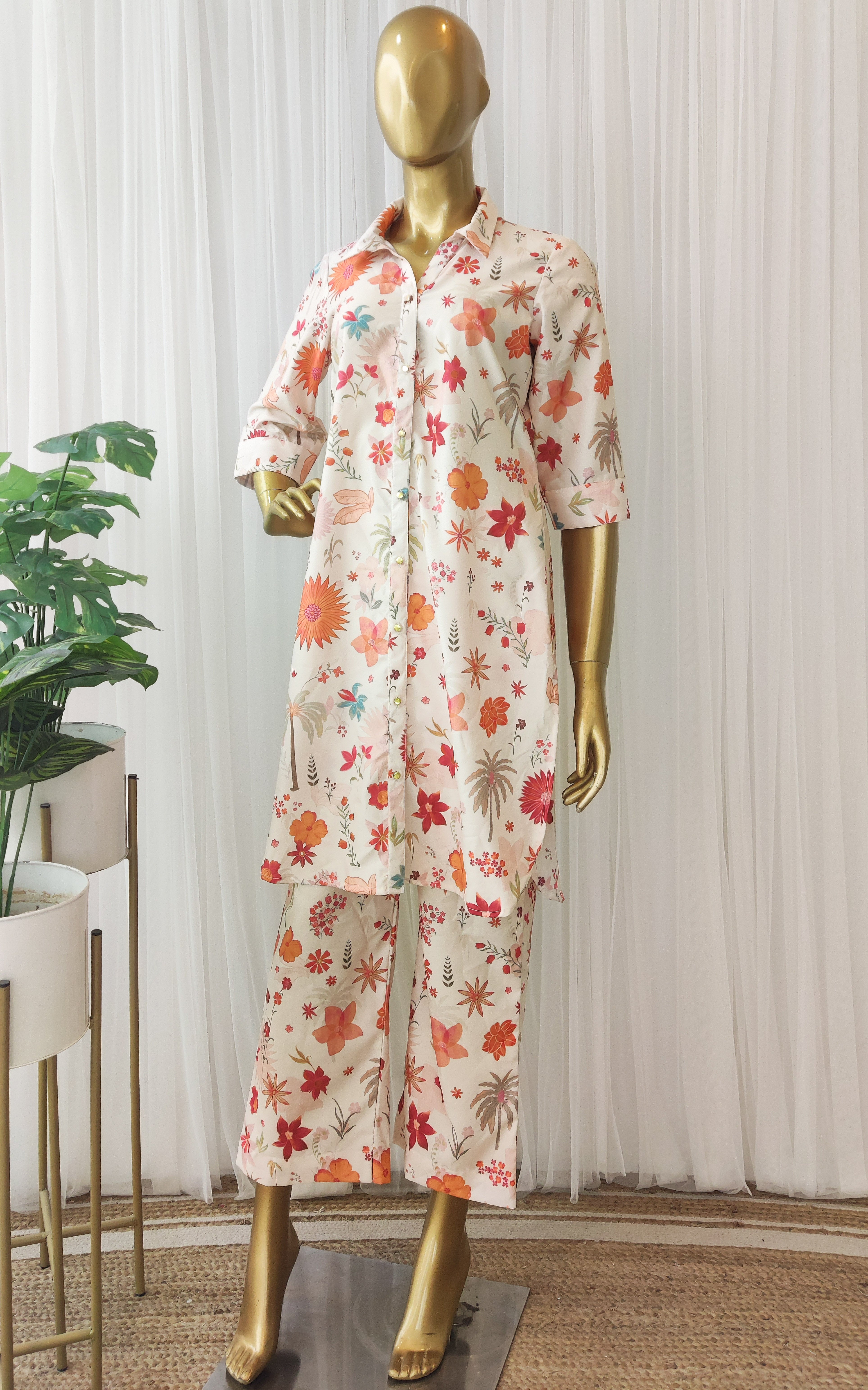 Ecru Tropical Print Crepe Co-Ord Set