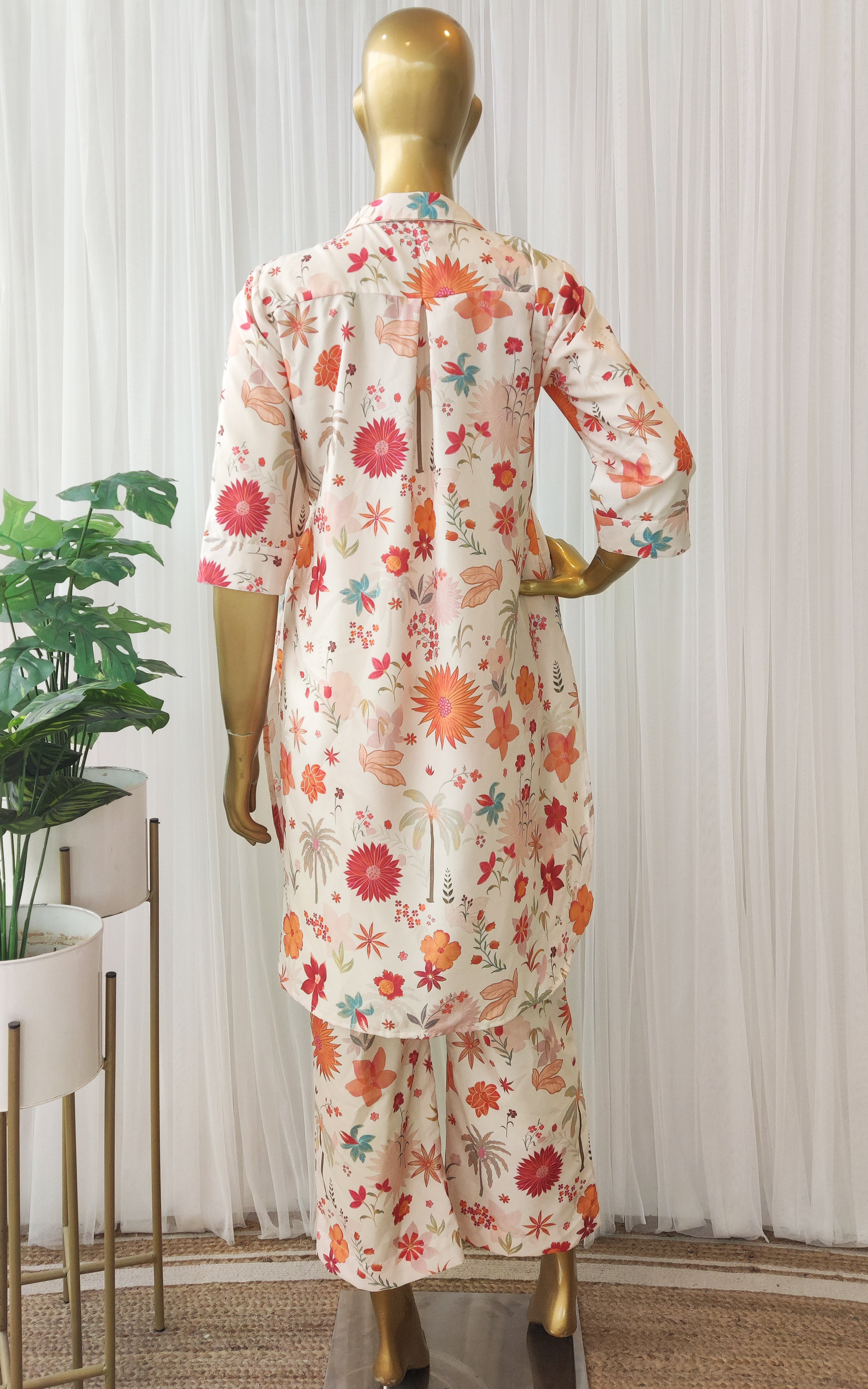 Ecru Tropical Print Crepe Co-Ord Set