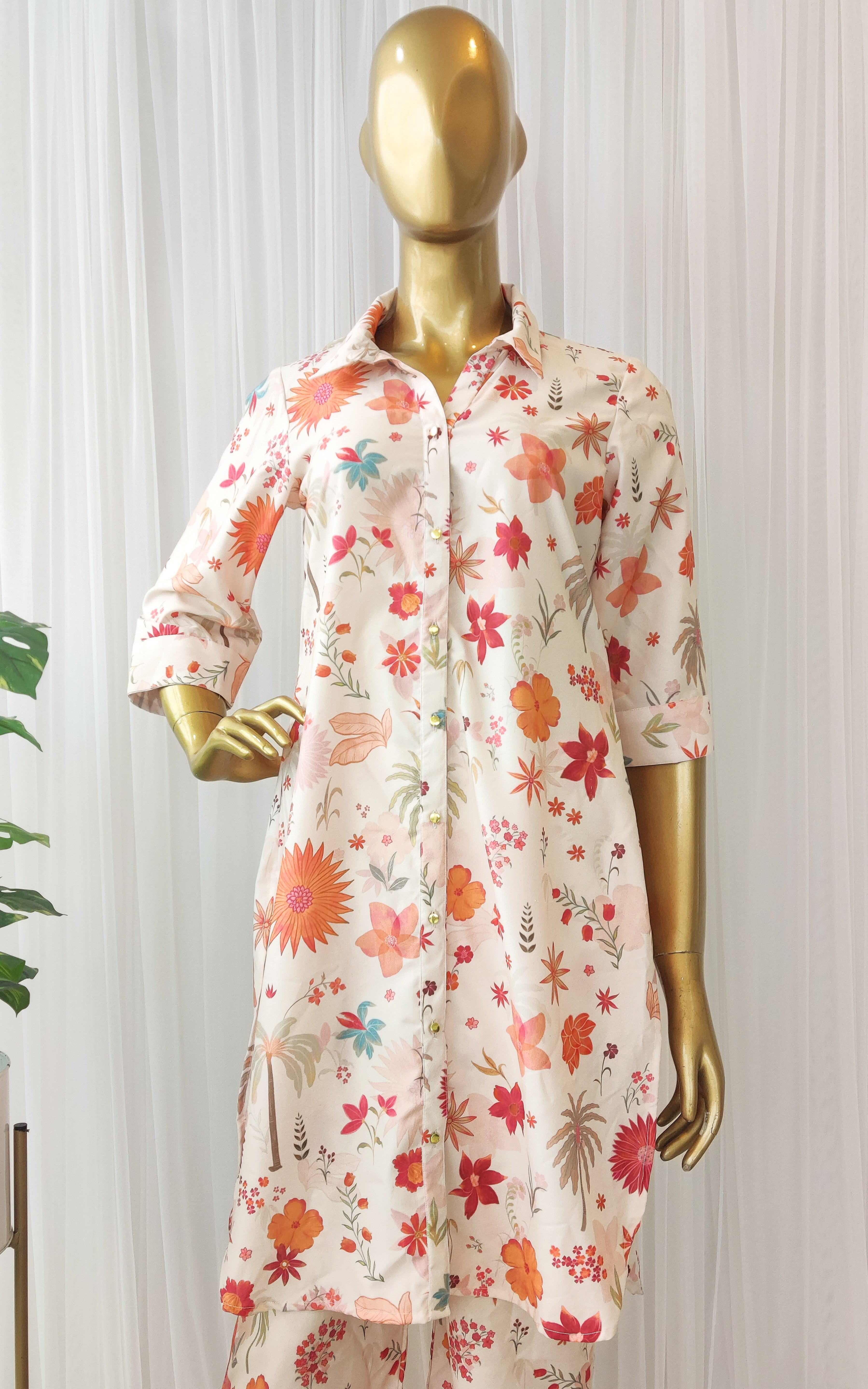 Ecru Tropical Print Crepe Co-Ord Set