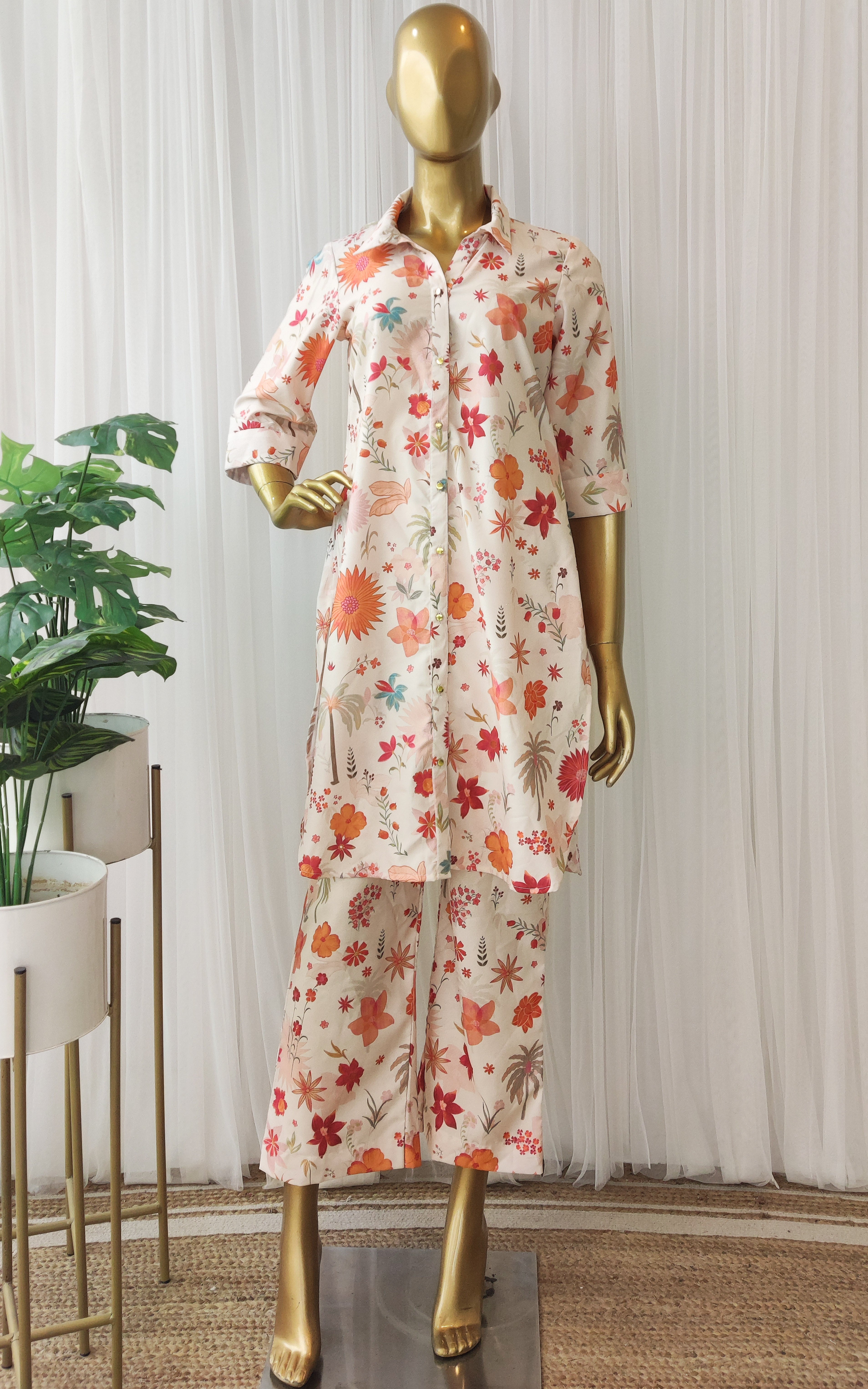 Ecru Tropical Print Crepe Co-Ord Set