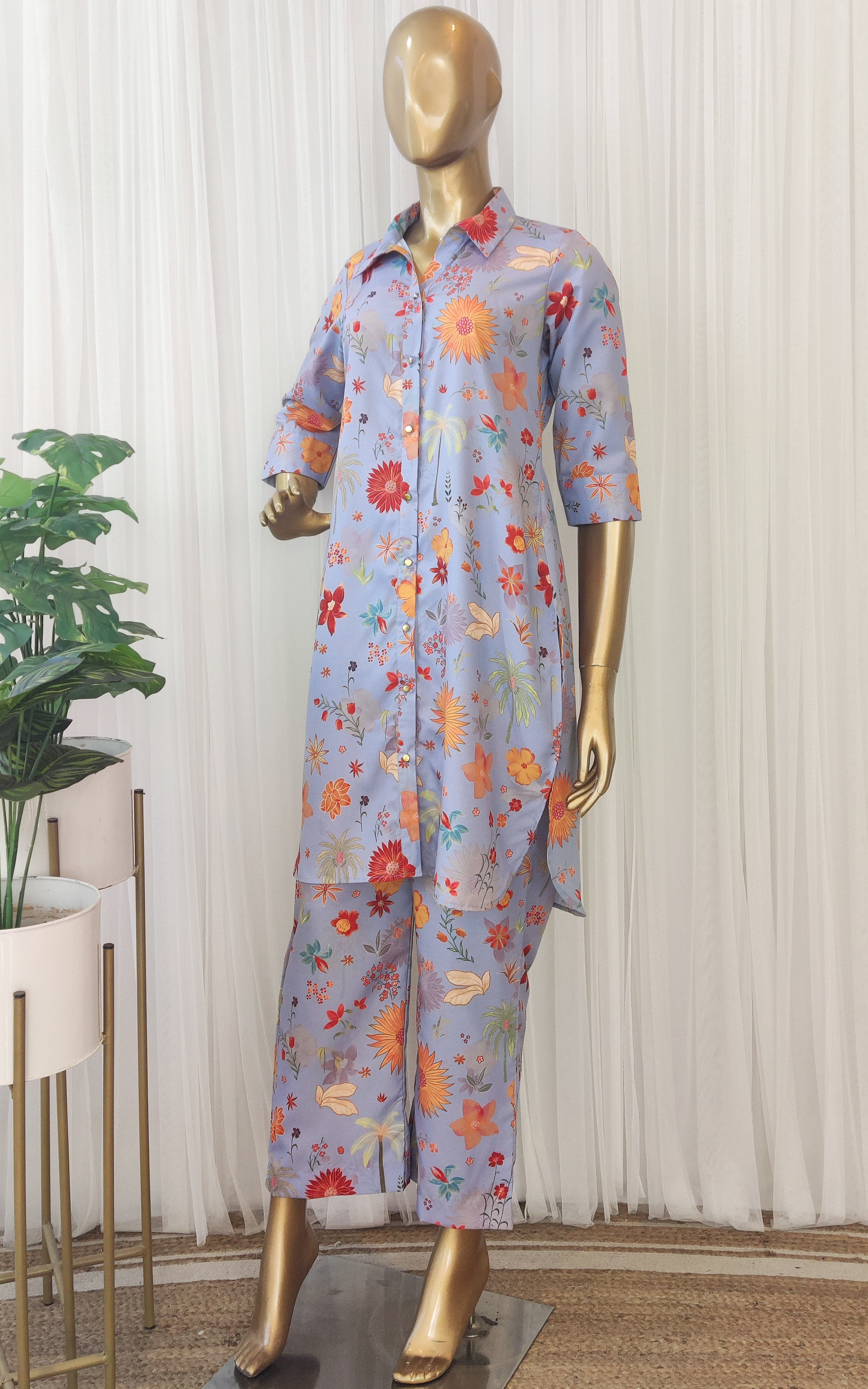 Grey Tropical Printed Crepe Co-Ord Set