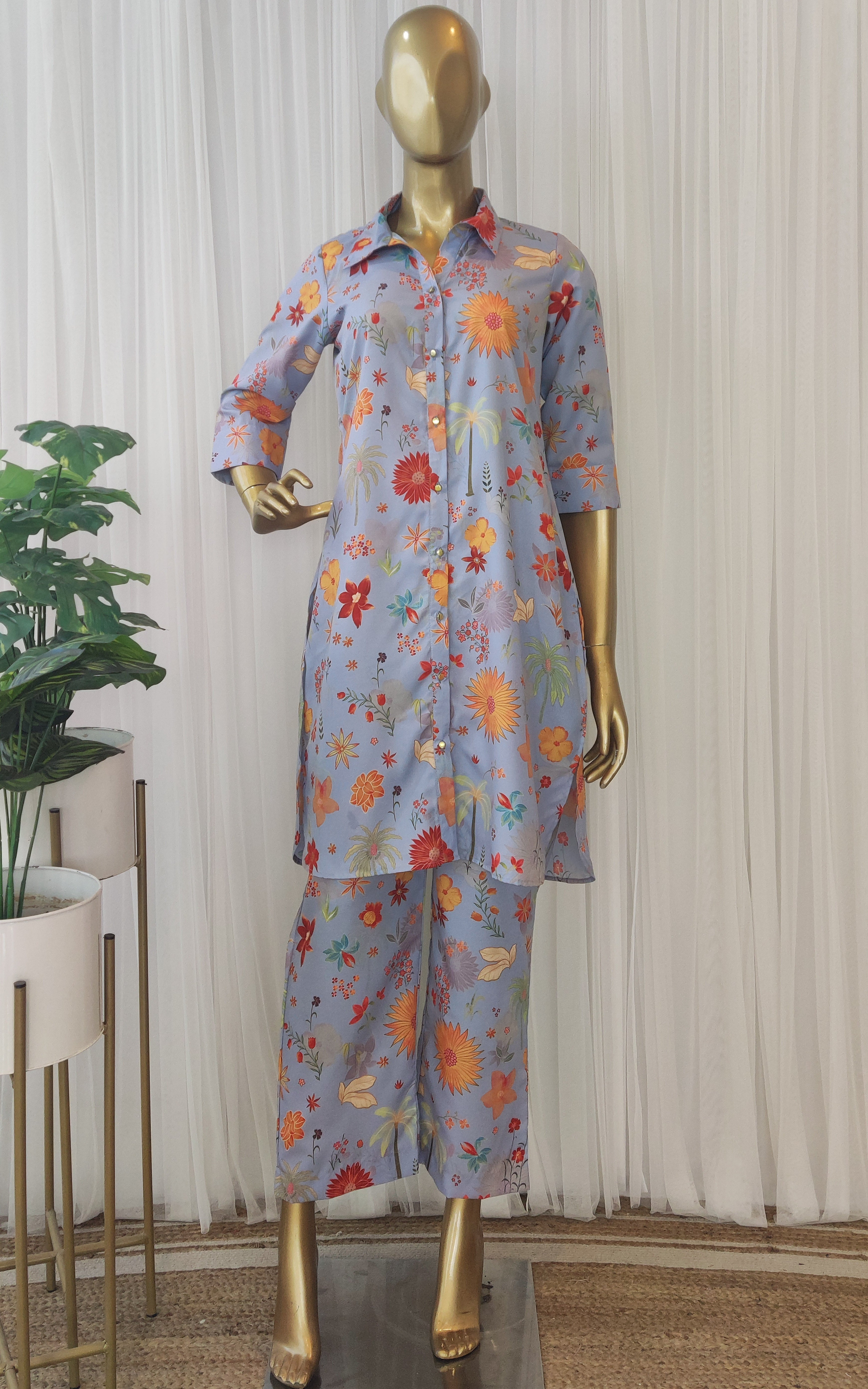 Grey Tropical Printed Crepe Co-Ord Set