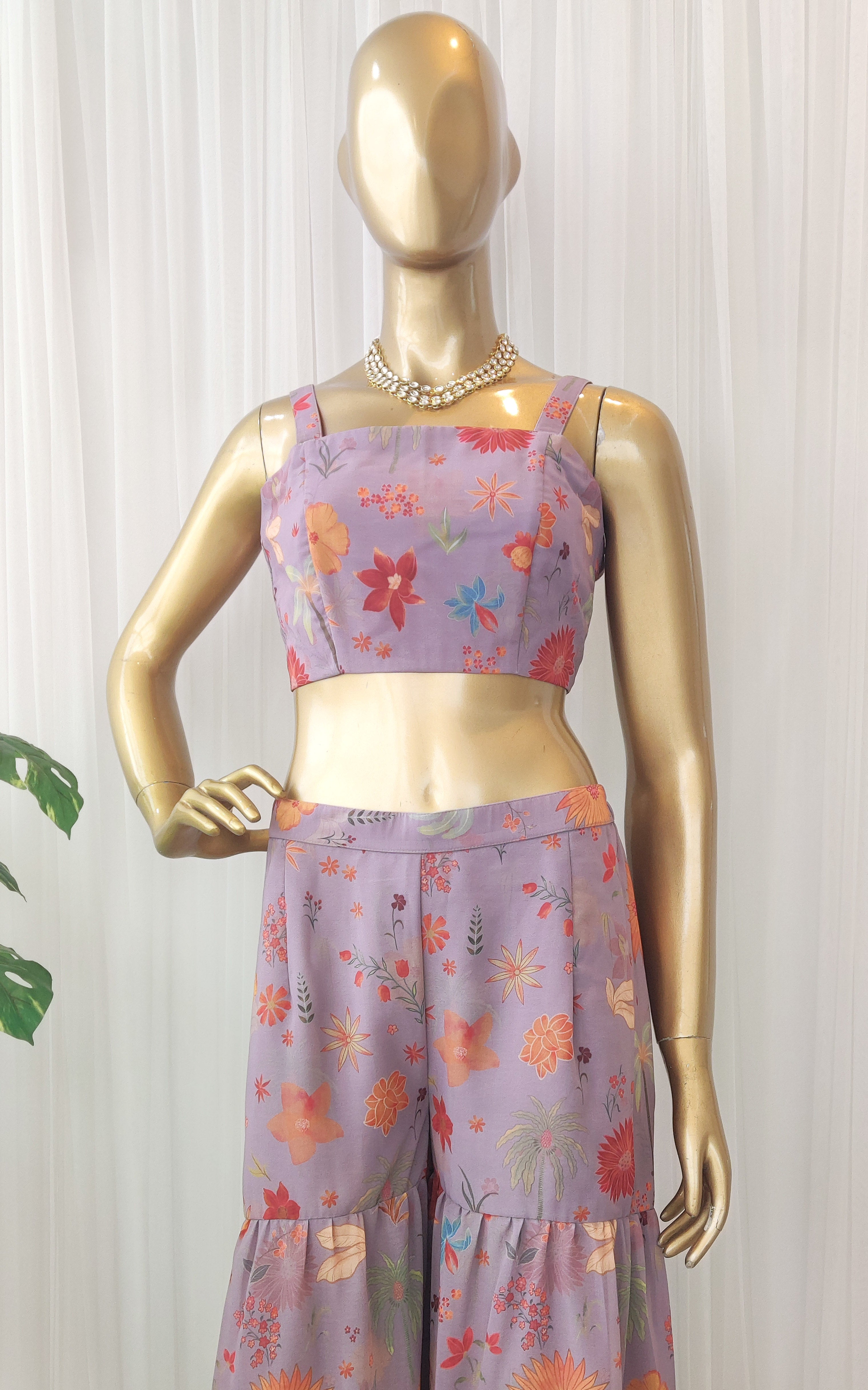 Lavender Tropical Print Crop Top Sharara & Jacket Set