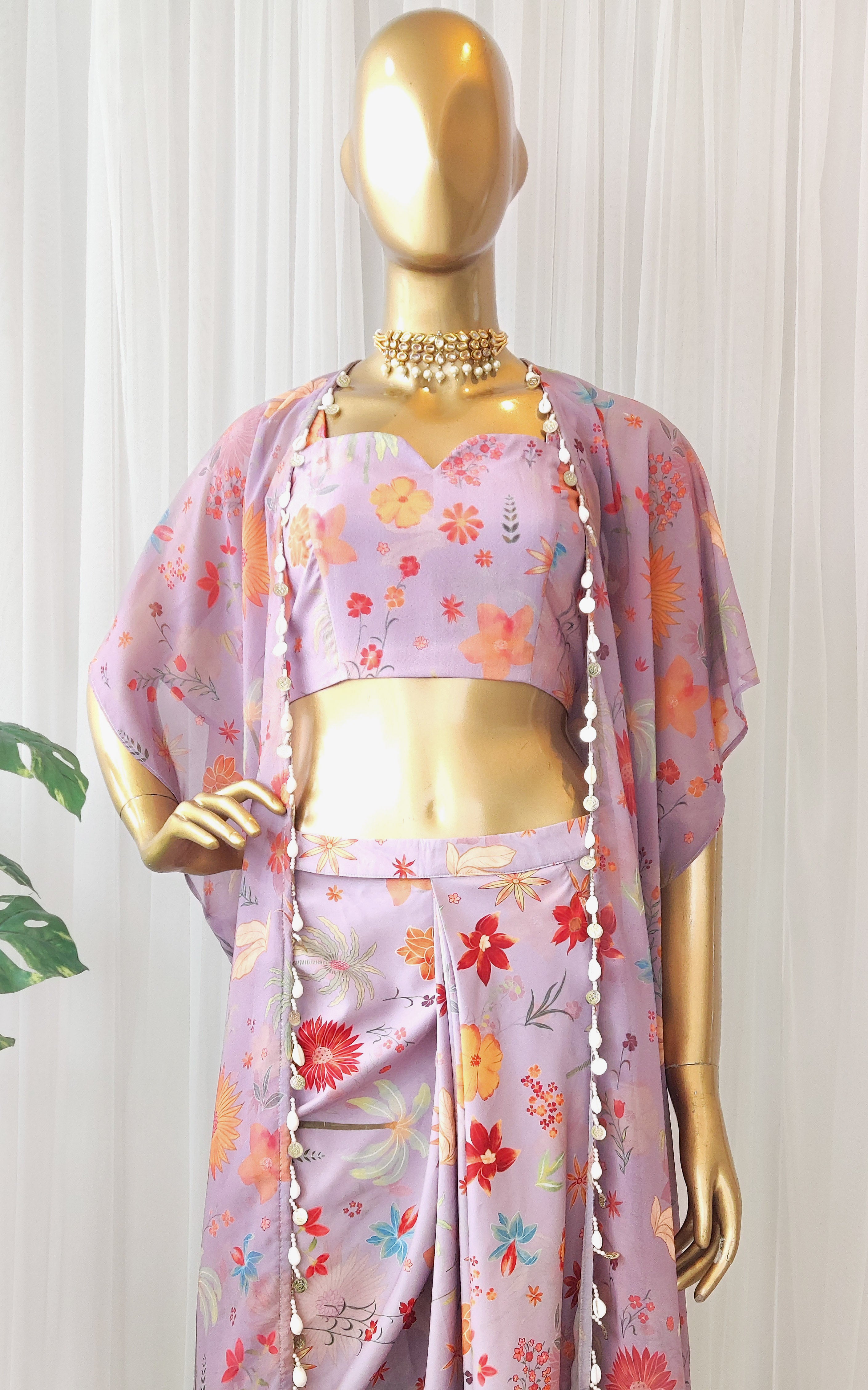 Lavender Tropical Print Draped Skirt Co-Ord Set