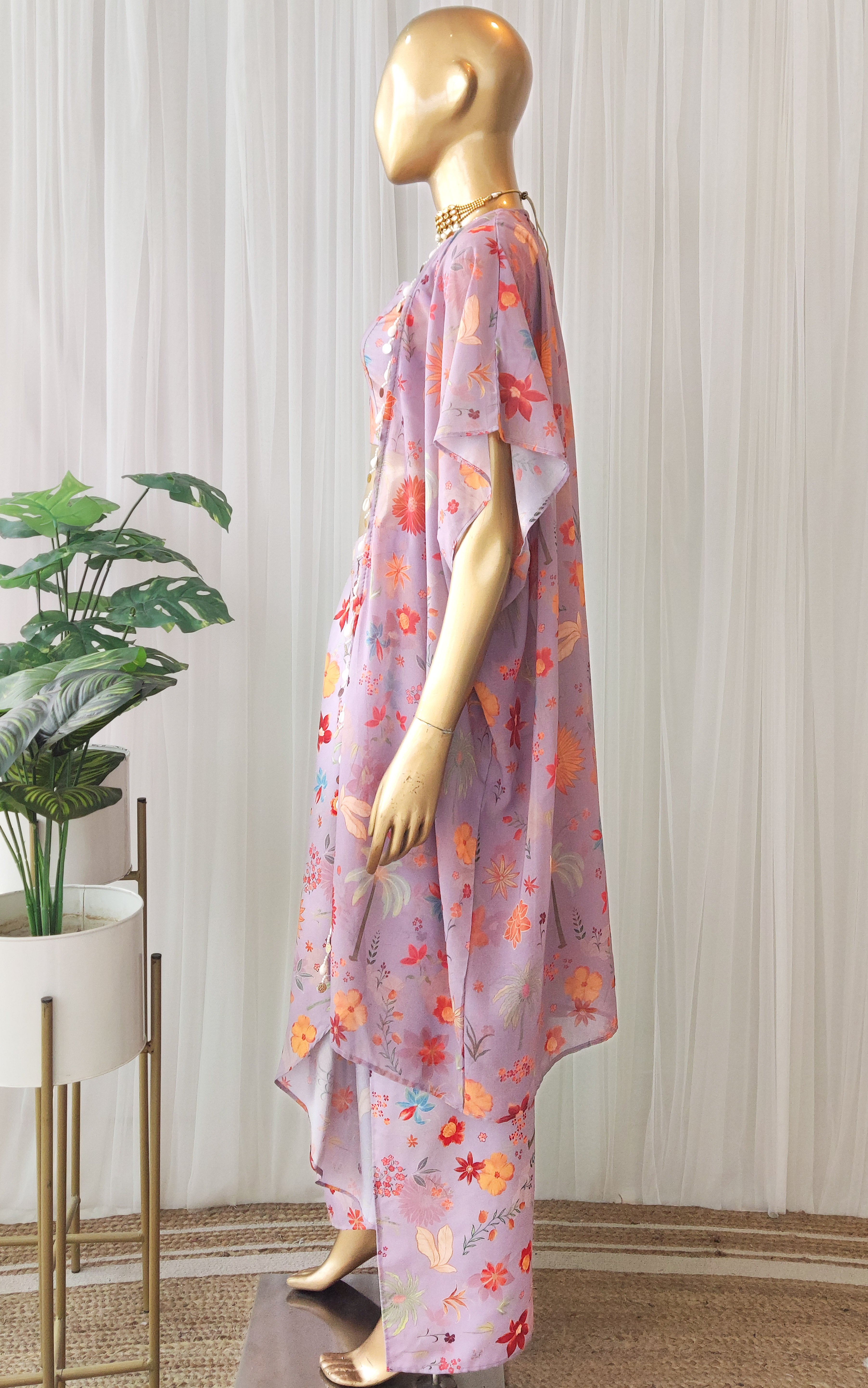 Lavender Tropical Print Draped Skirt Co-Ord Set