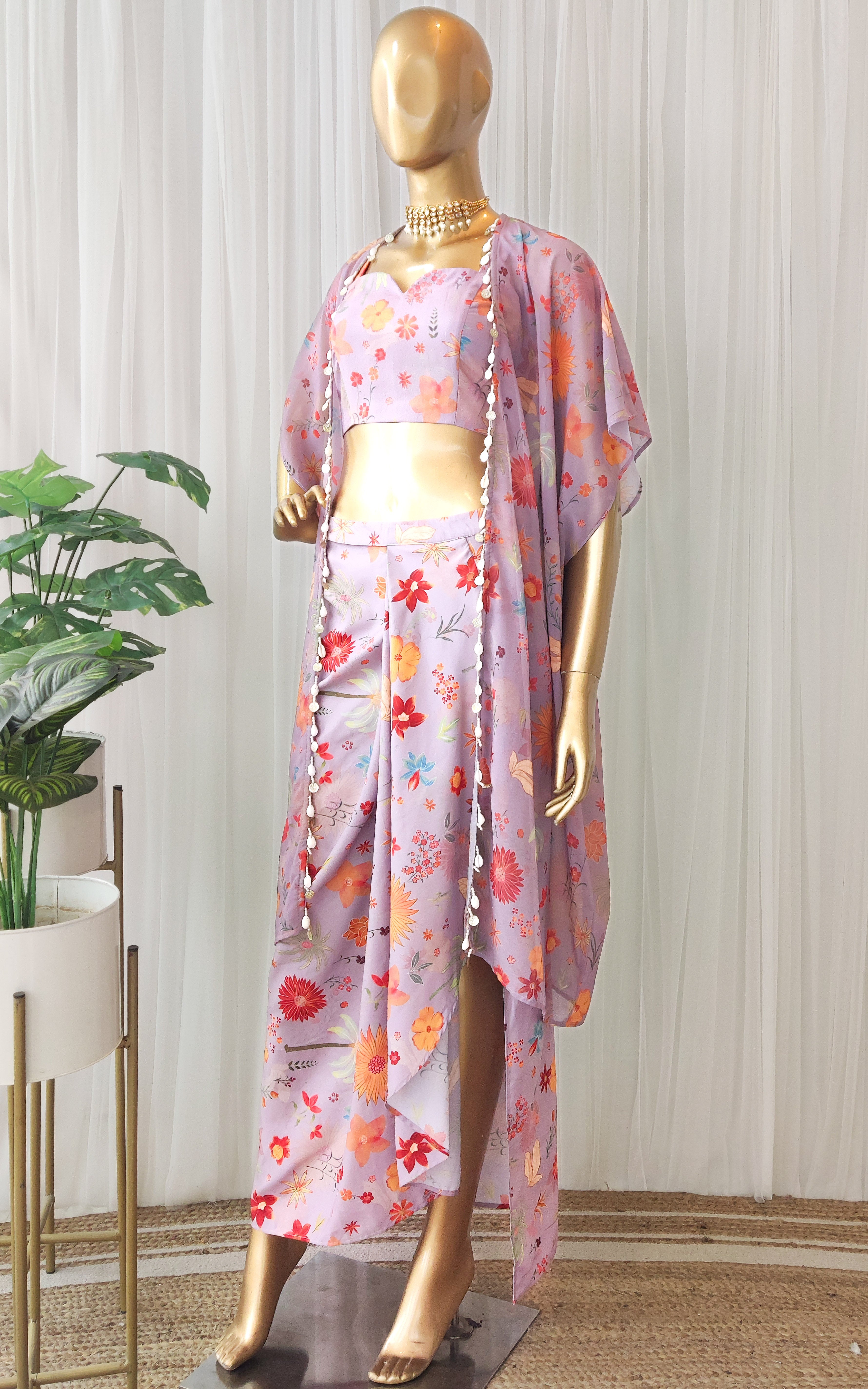 Lavender Tropical Print Draped Skirt Co-Ord Set