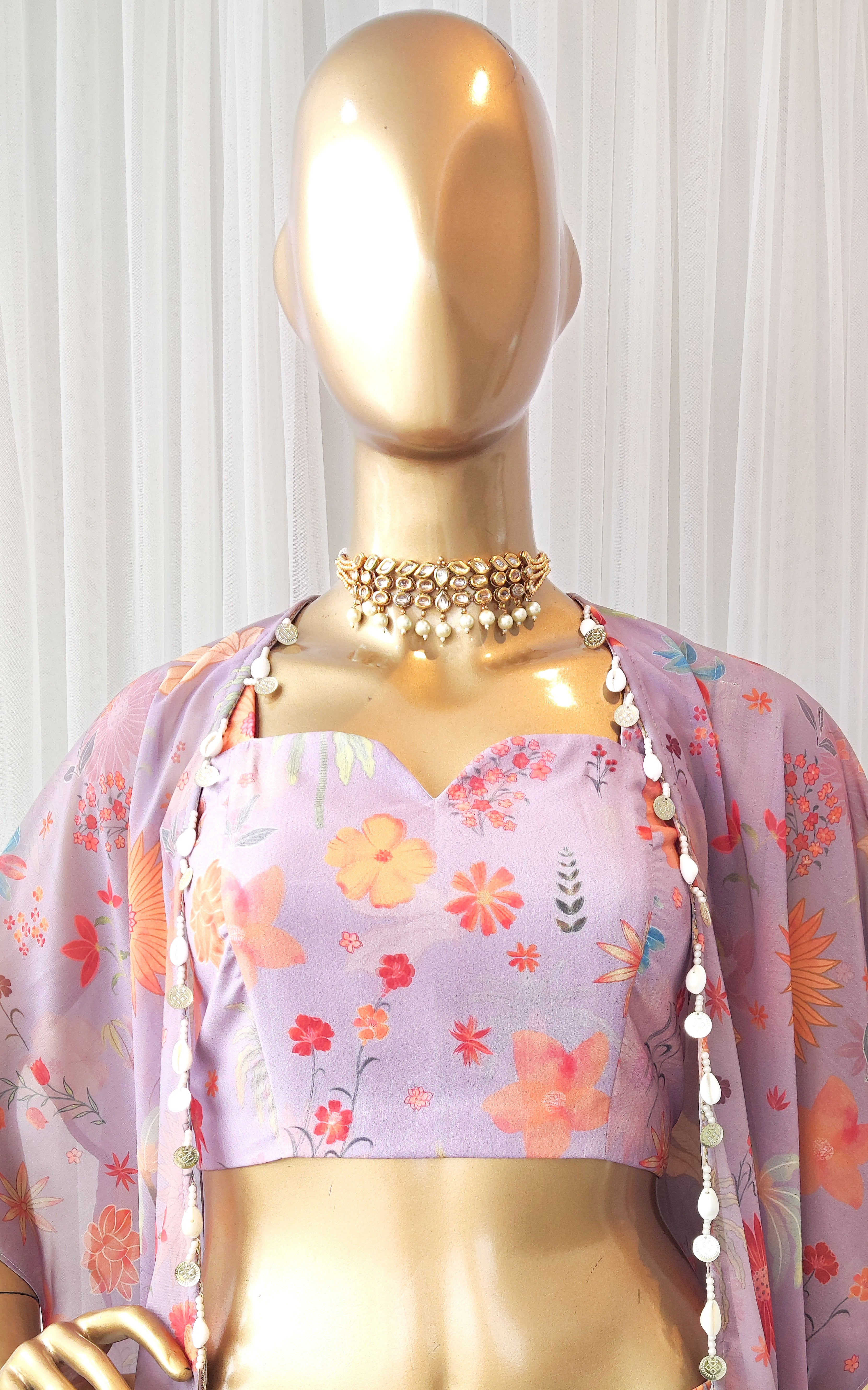 Lavender Tropical Print Draped Skirt Co-Ord Set