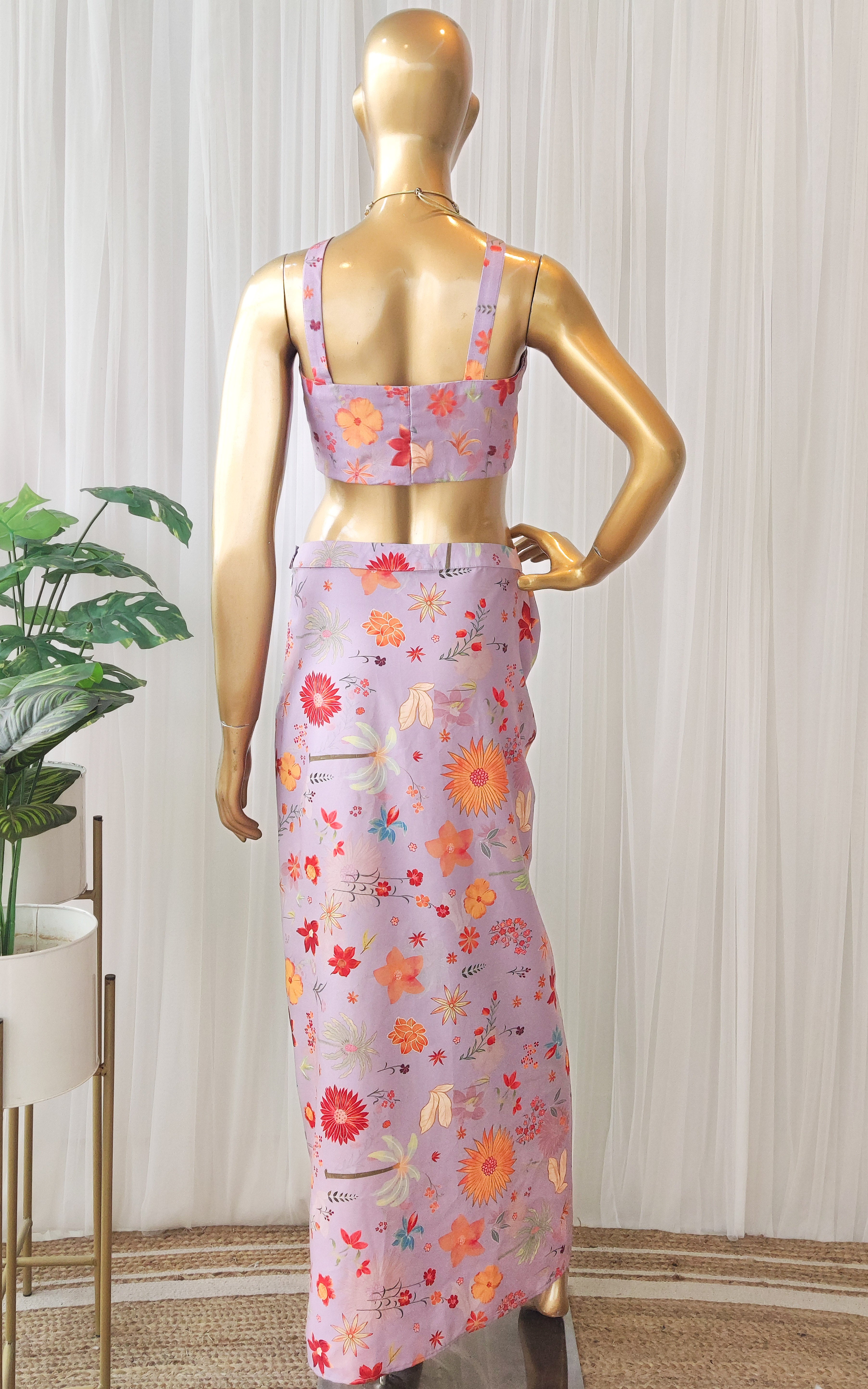 Lavender Tropical Print Draped Skirt Co-Ord Set