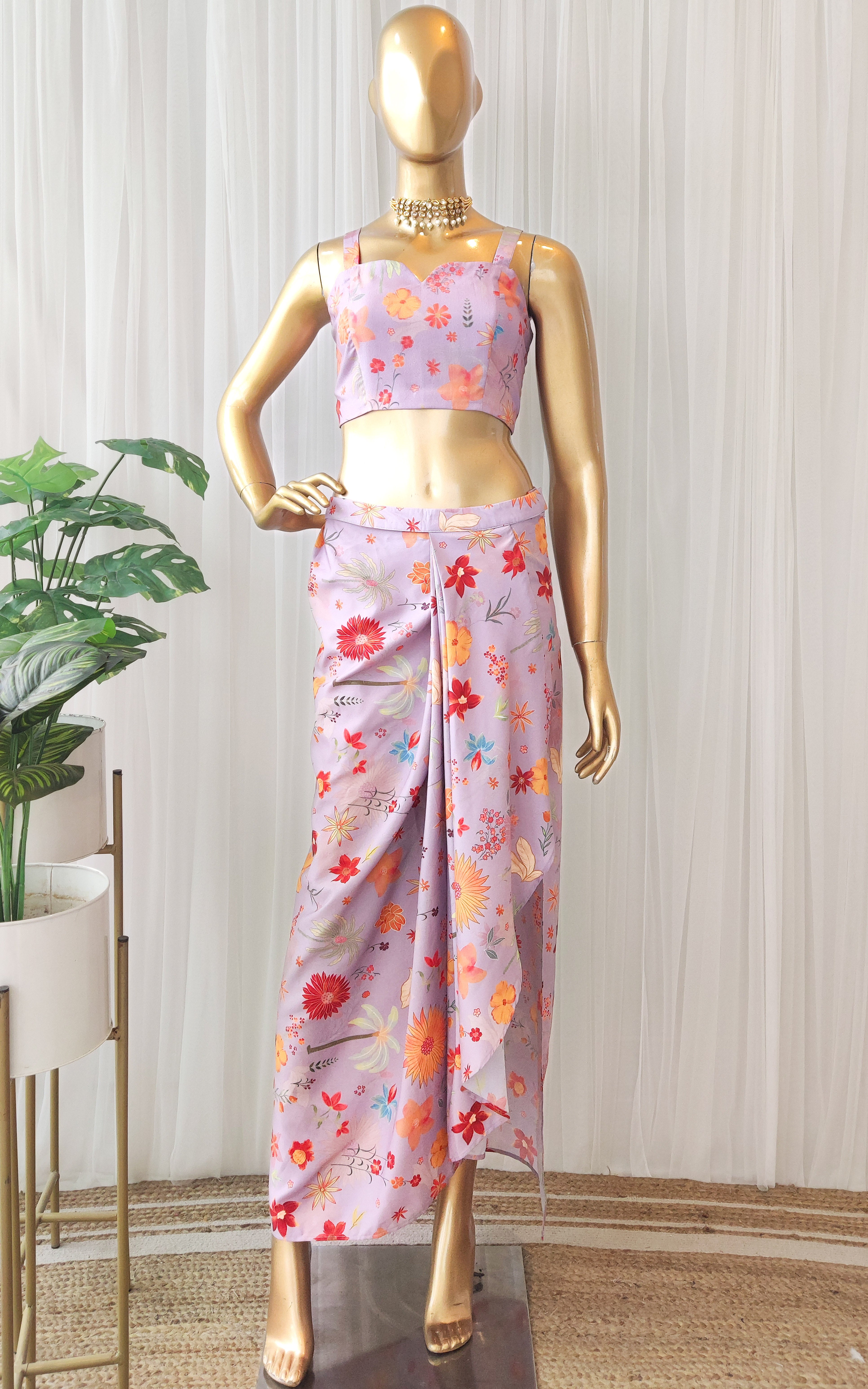 Lavender Tropical Print Draped Skirt Co-Ord Set