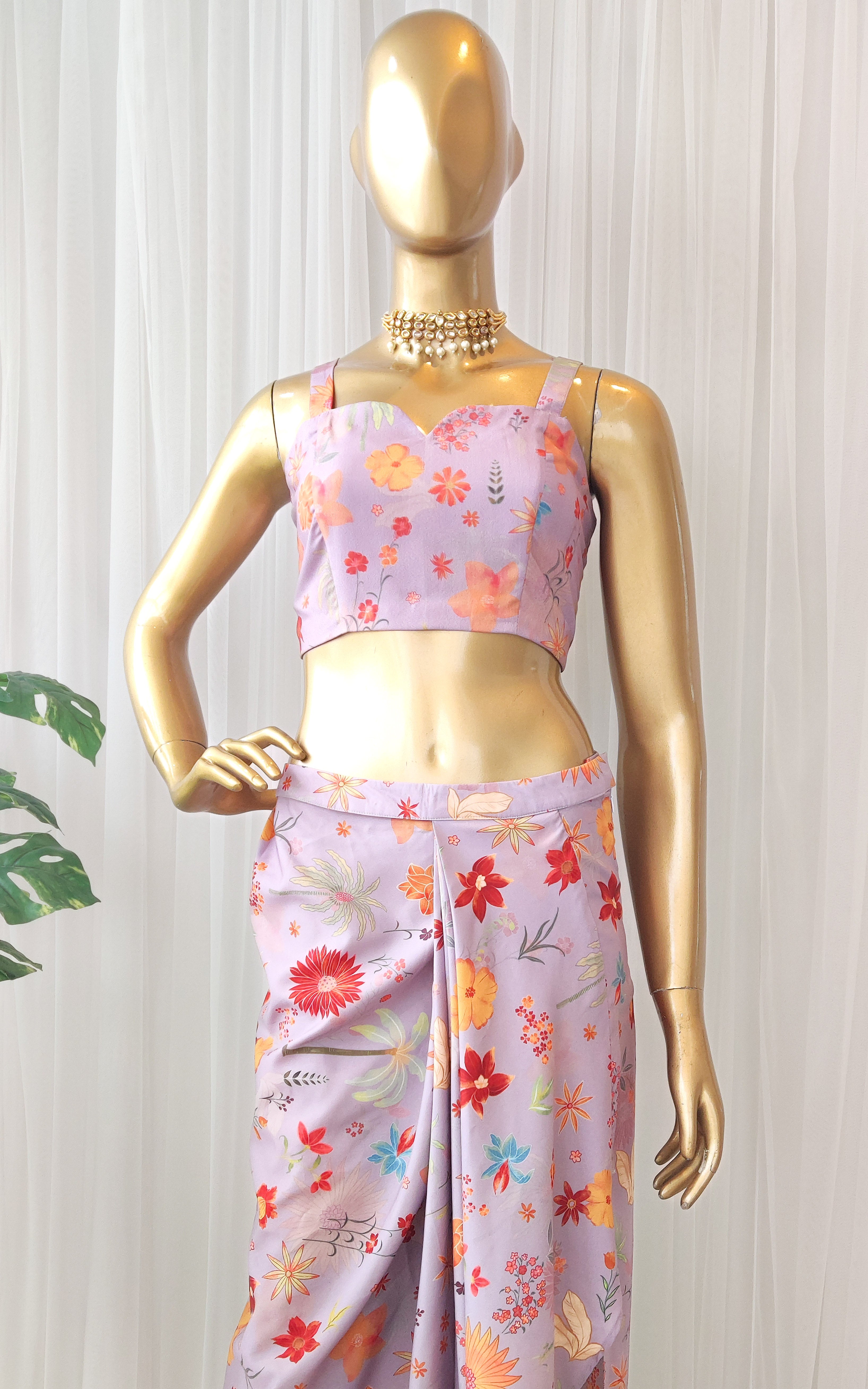 Lavender Tropical Print Draped Skirt Co-Ord Set