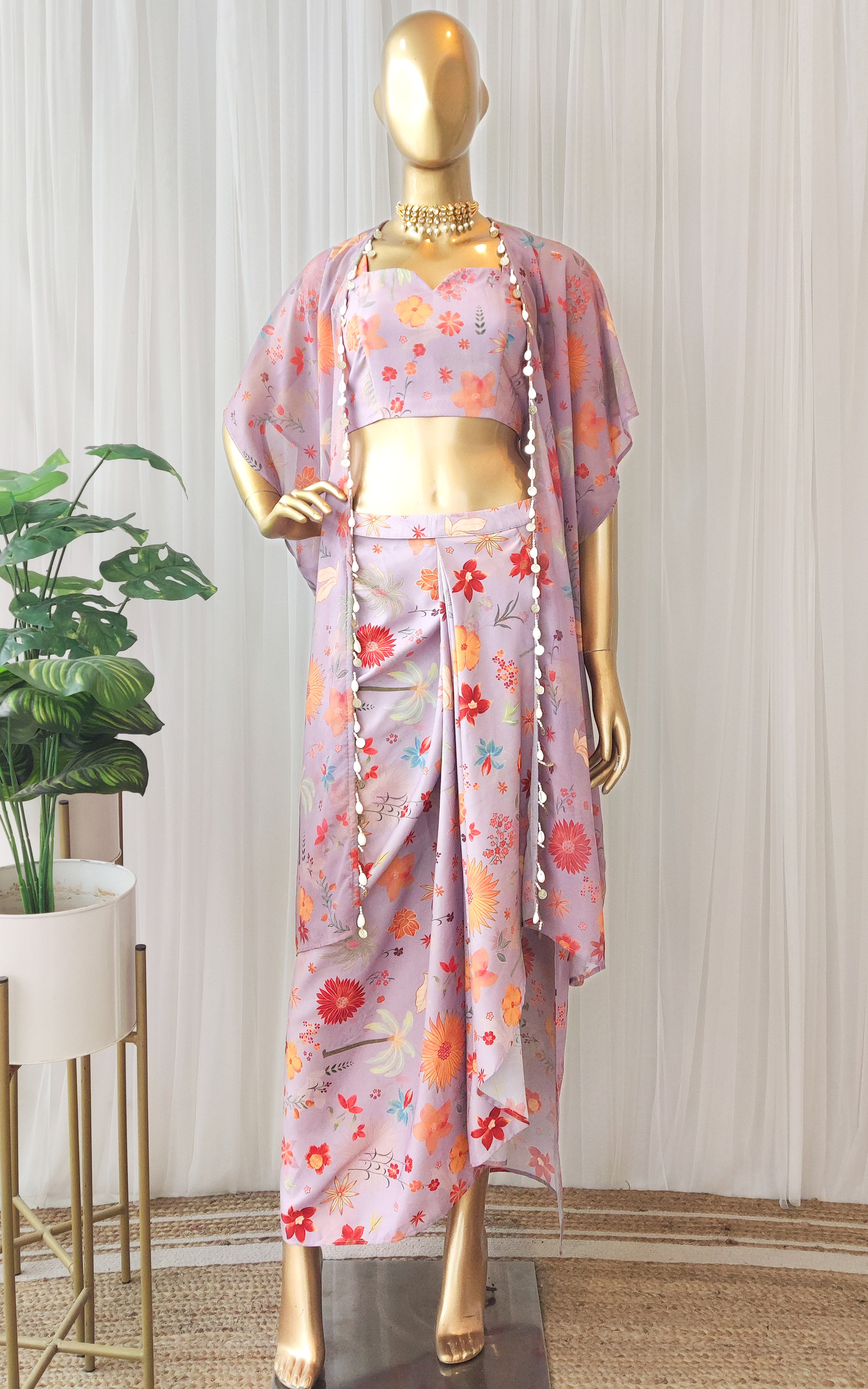 Lavender Tropical Print Draped Skirt Co-Ord Set