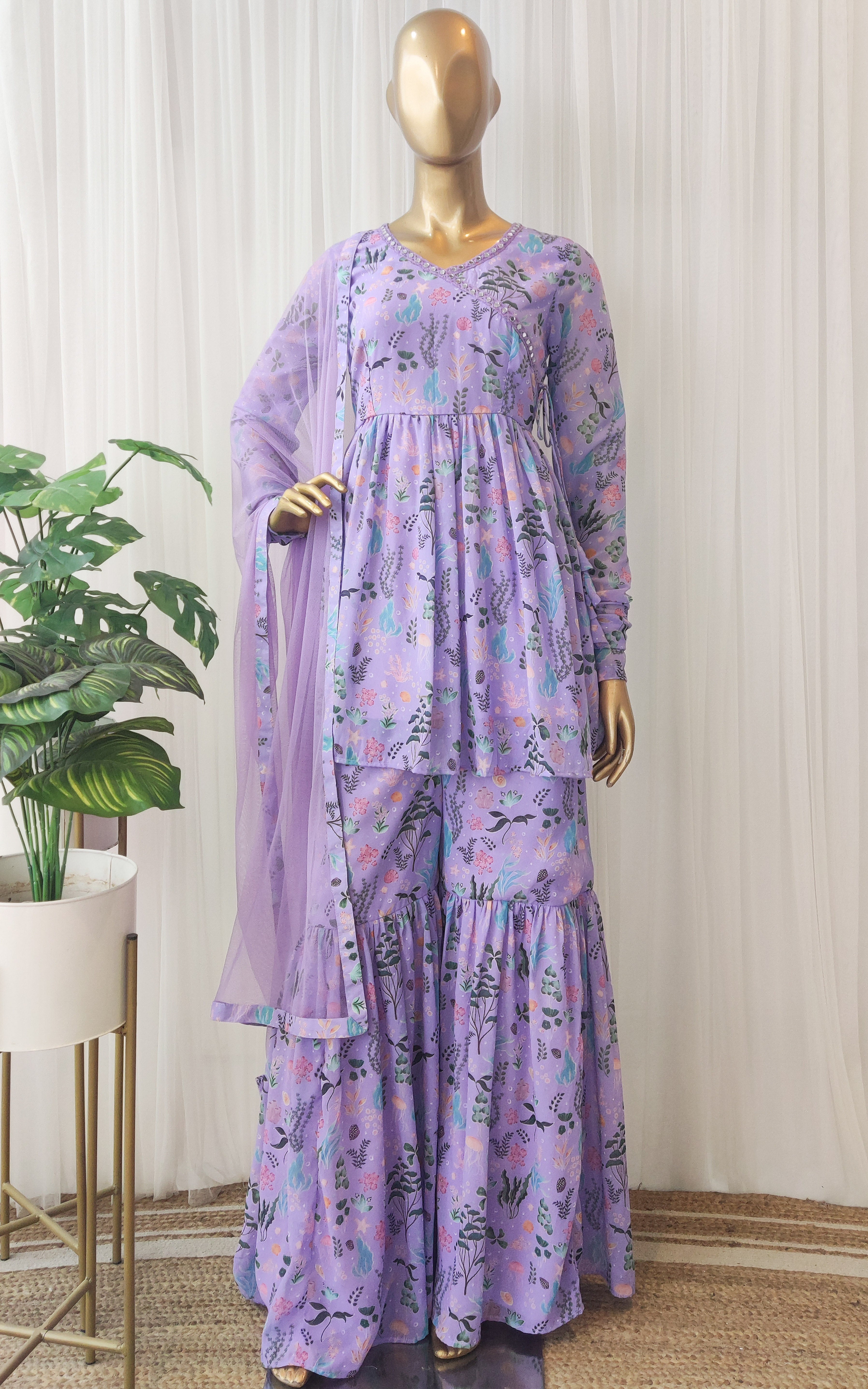 Sonal Purple Mirrorwork Georgette Sharara Set