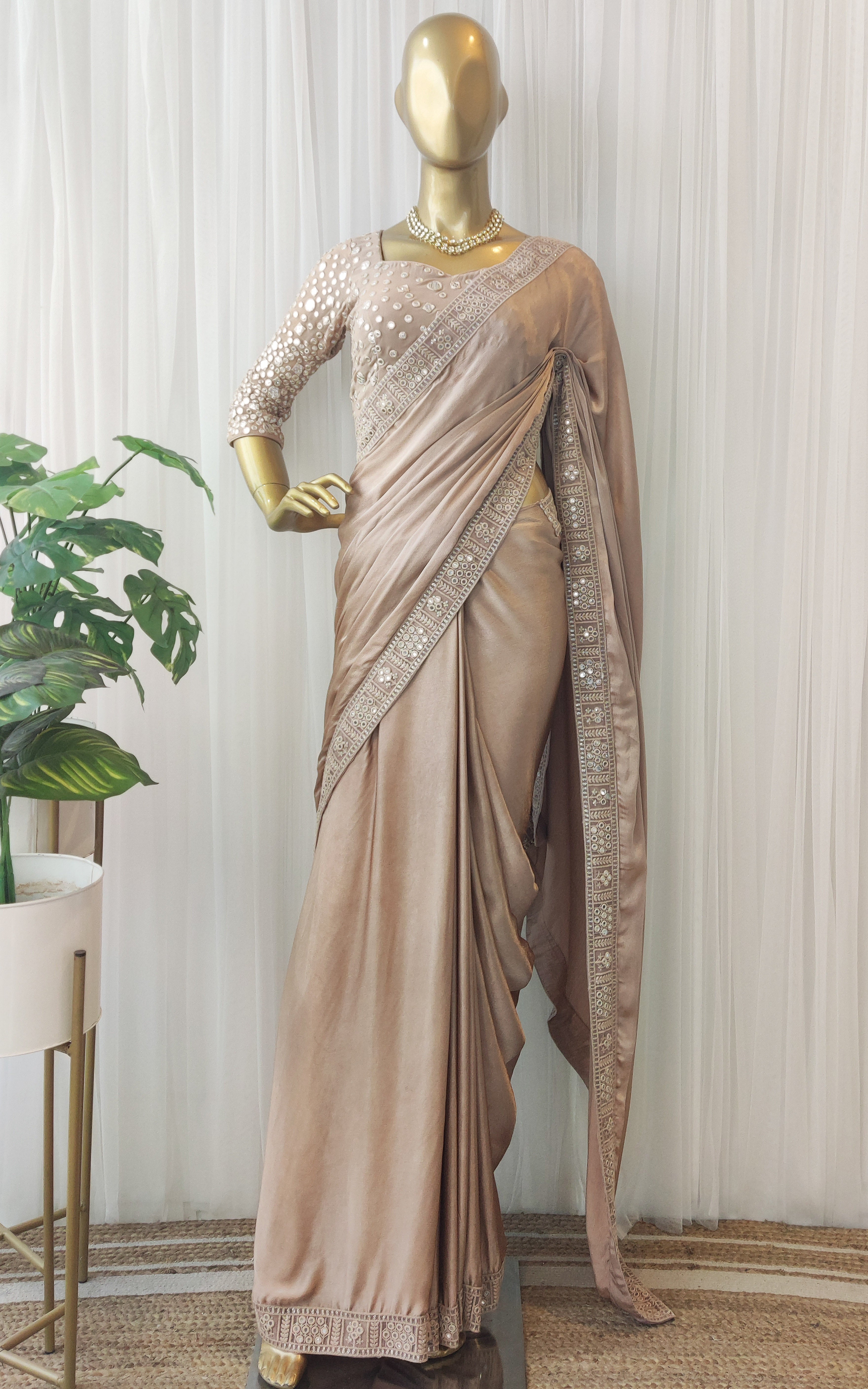 Chiffon Satin Saree with Mirrorwork Blouse