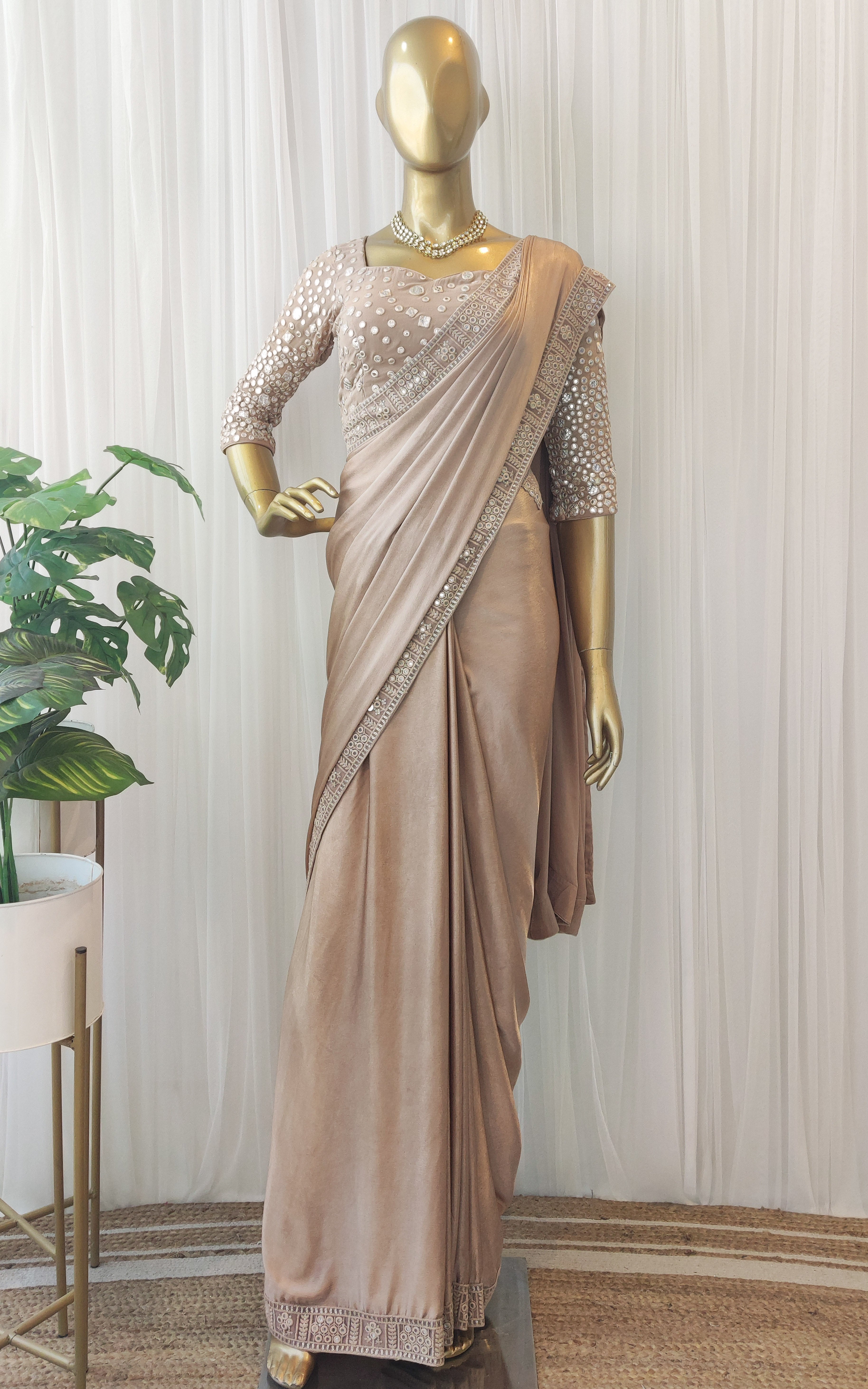 Chiffon Satin Saree with Mirrorwork Blouse