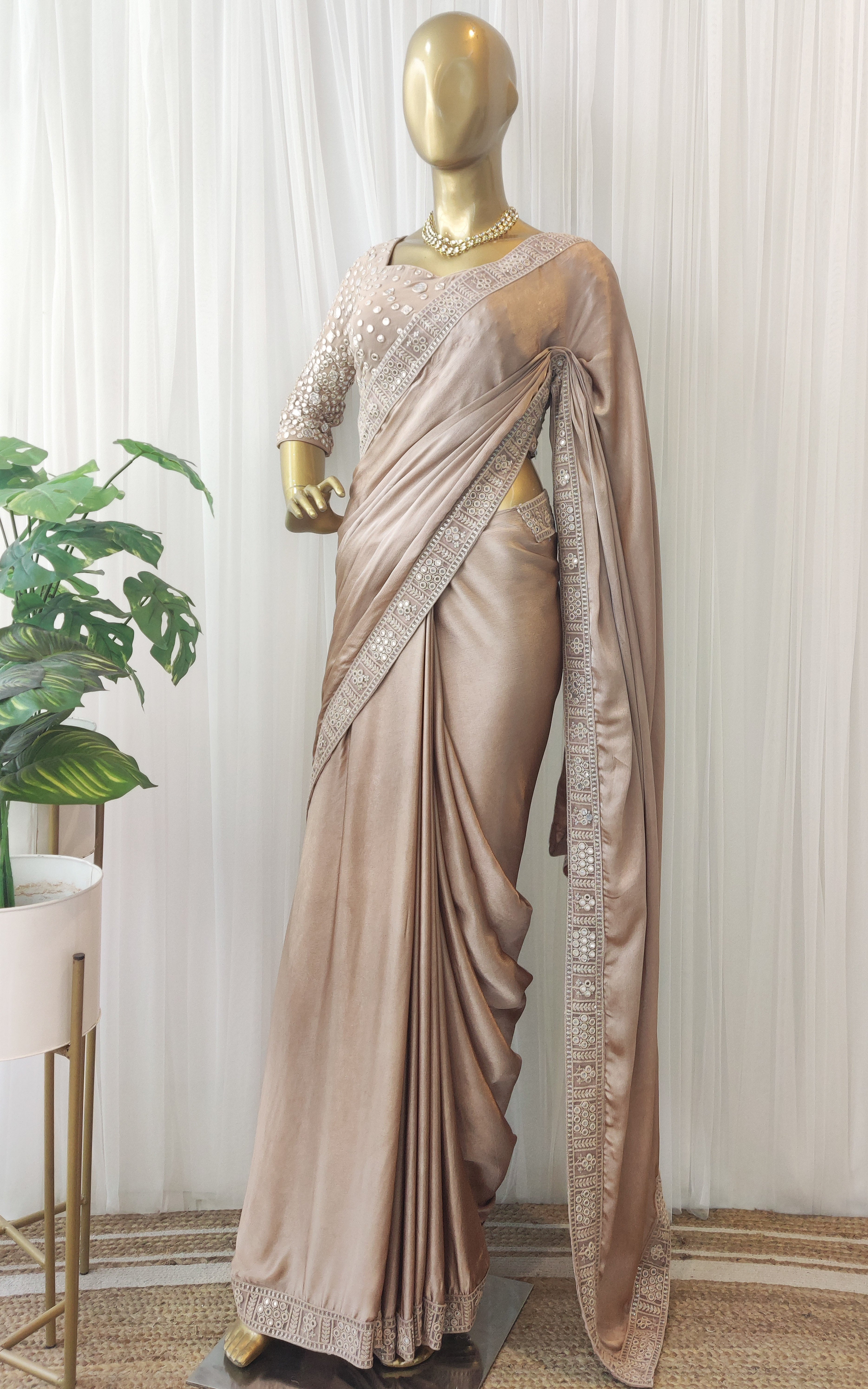 Chiffon Satin Saree with Mirrorwork Blouse