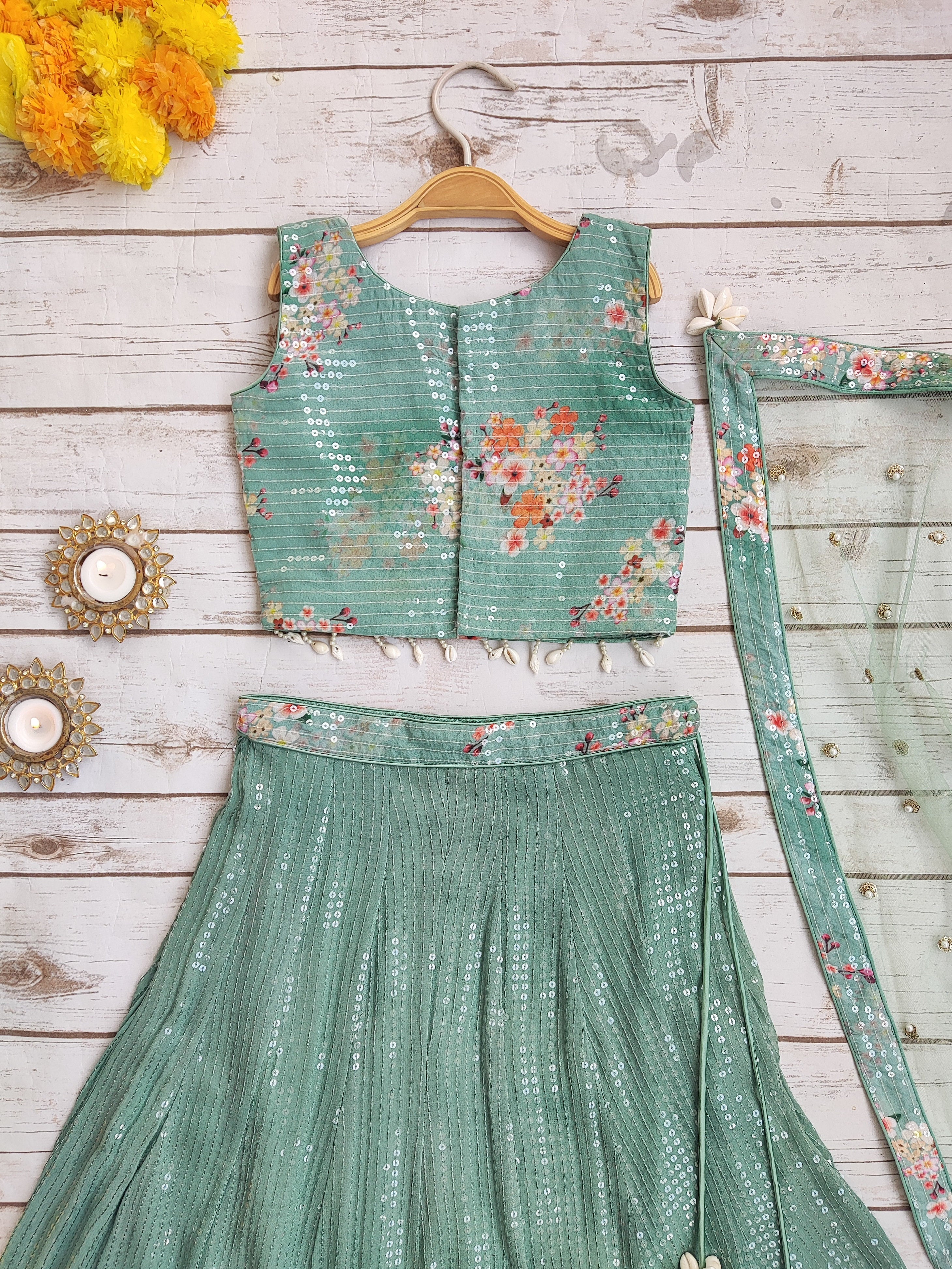Sage Green Sequinned Lehenga with Floral Blouse (Kids)