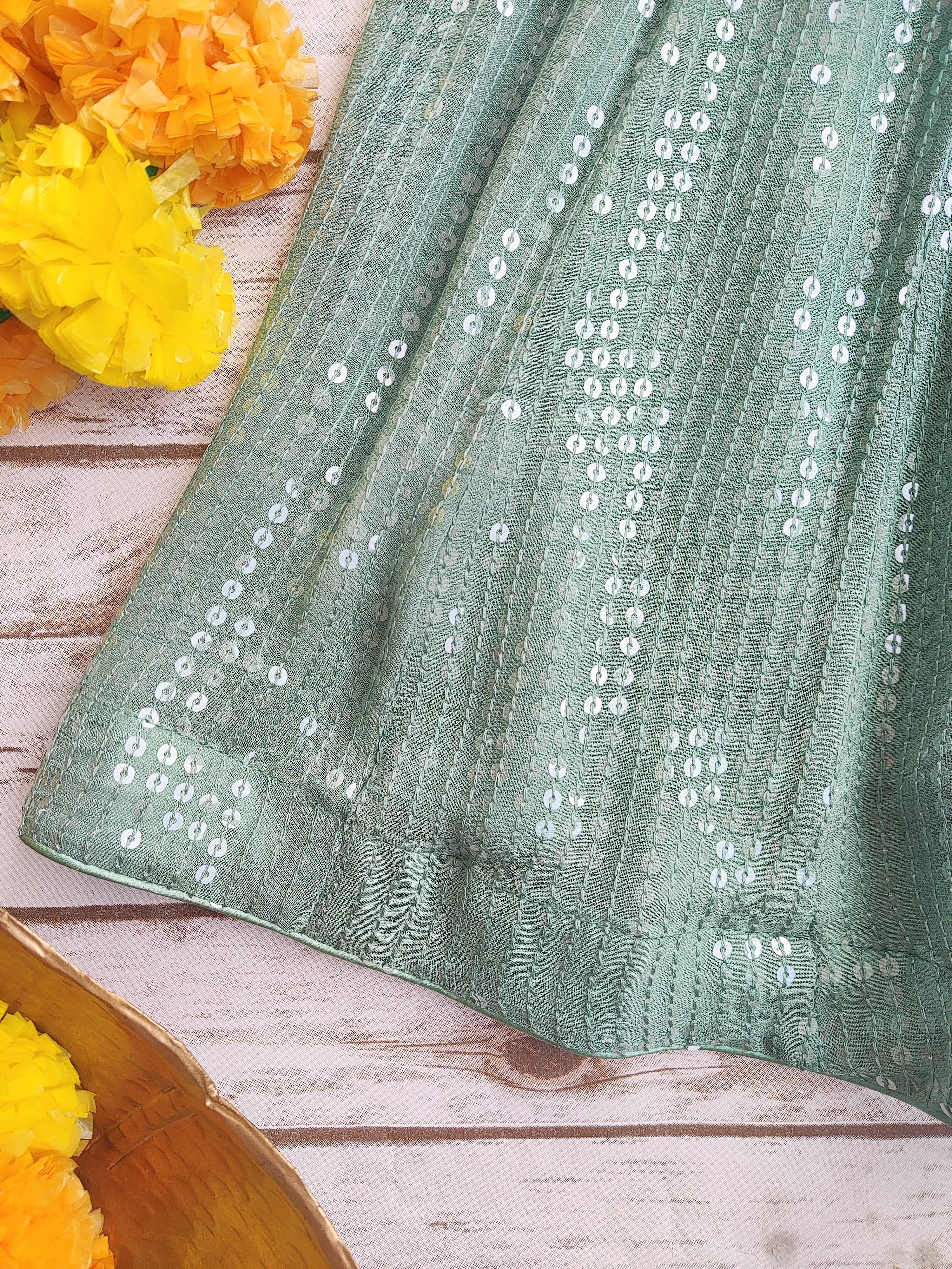 Sage Green Sequinned Lehenga with Floral Blouse (Kids)