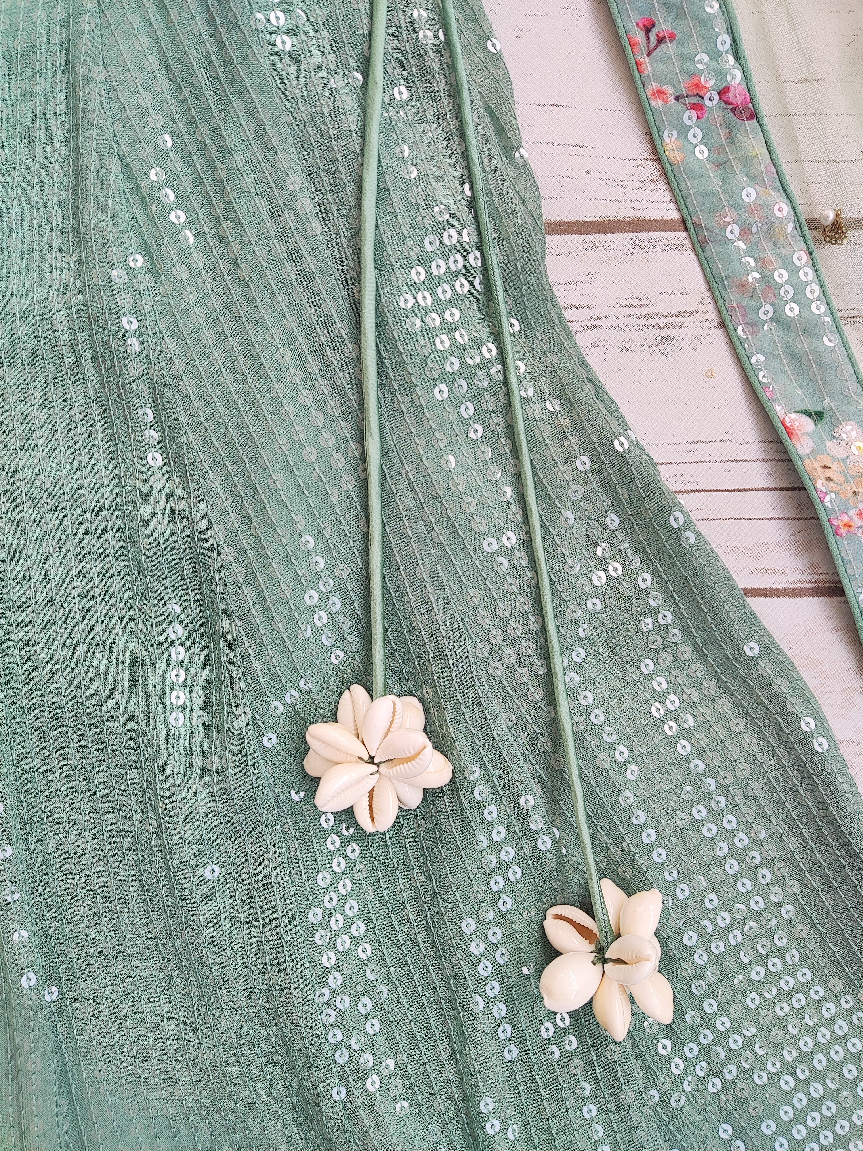 Sage Green Sequinned Lehenga with Floral Blouse (Kids)