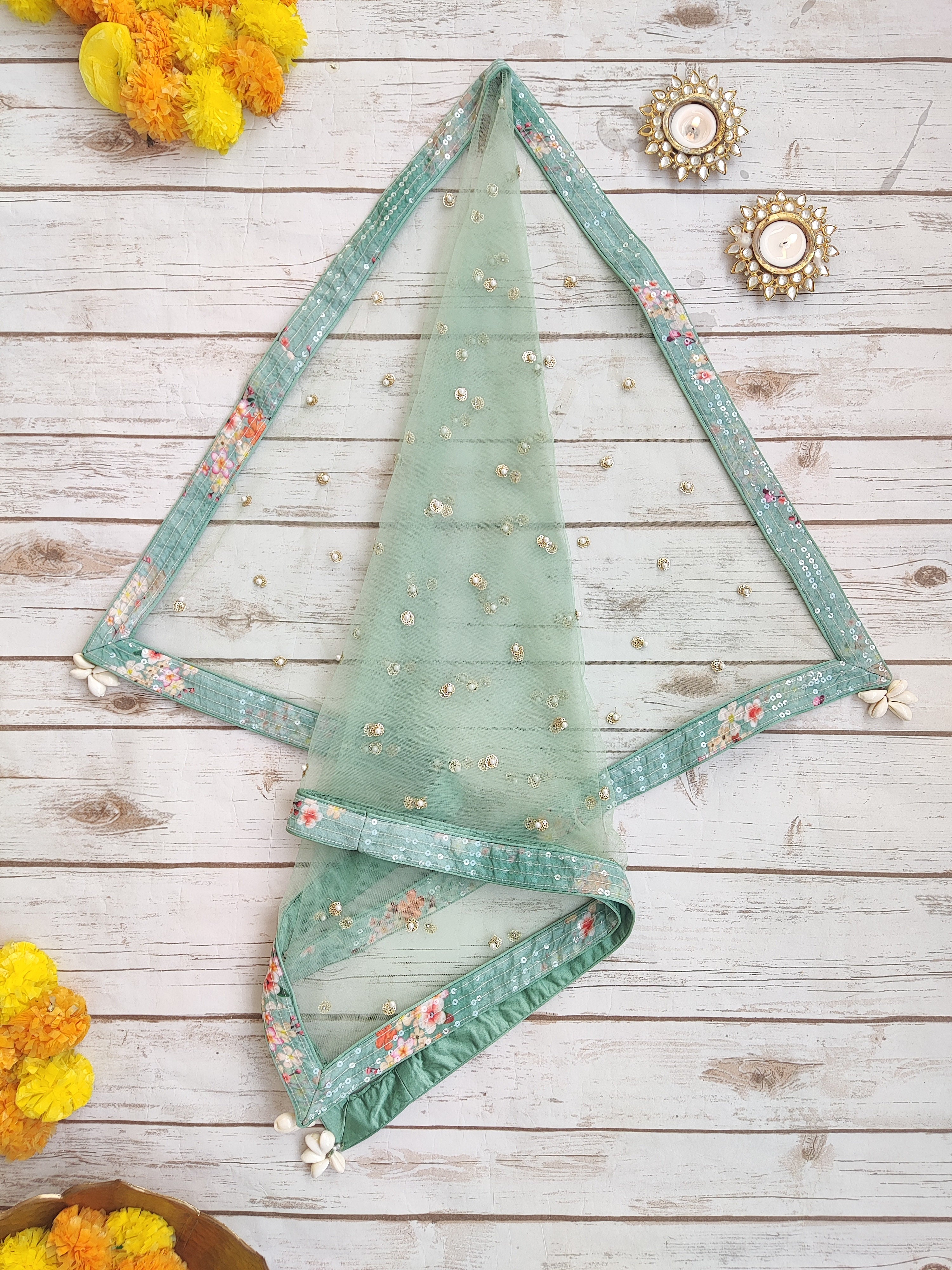 Sage Green Sequinned Lehenga with Floral Blouse (Kids)