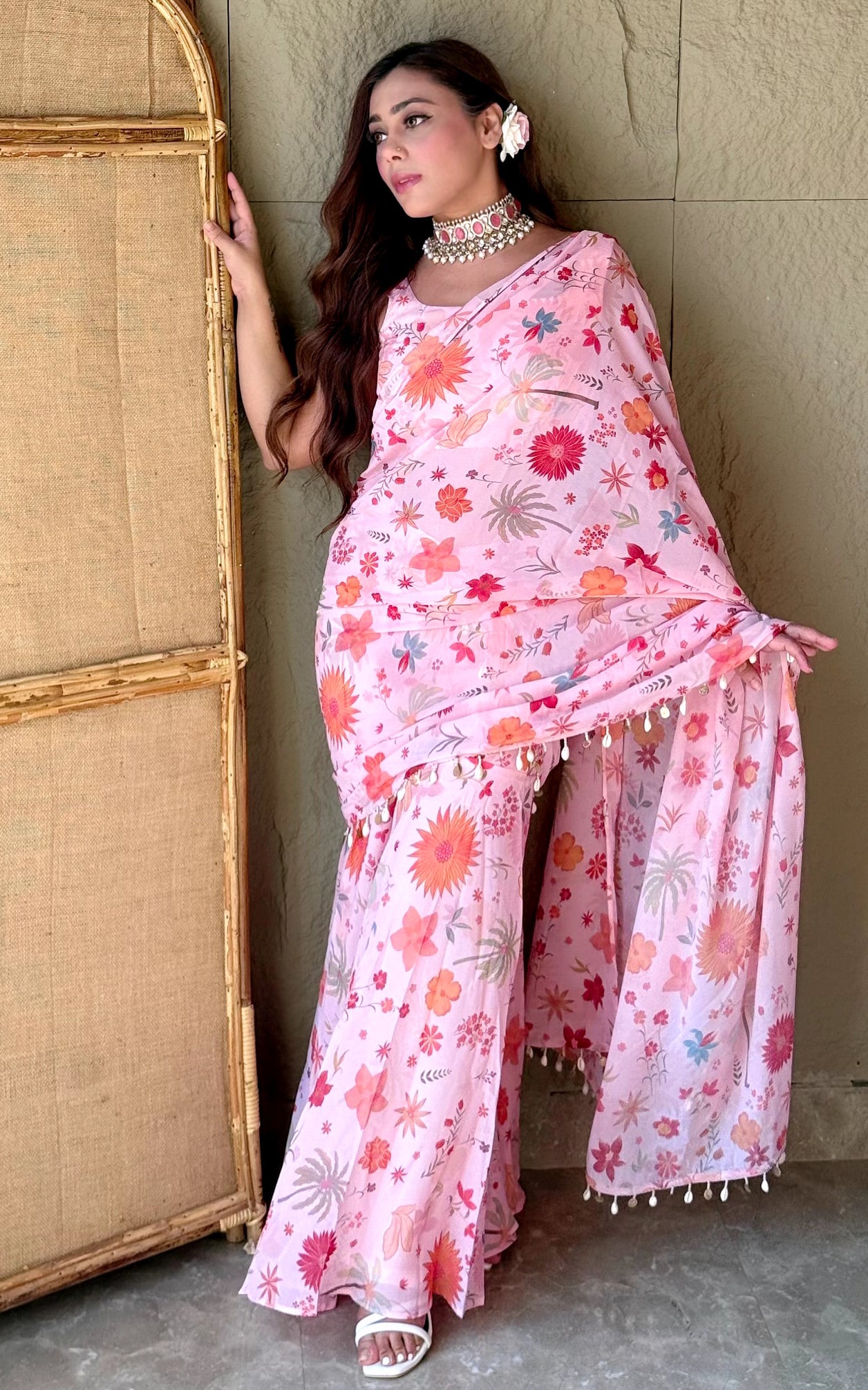 Pink Tropical Print Sharara Saree