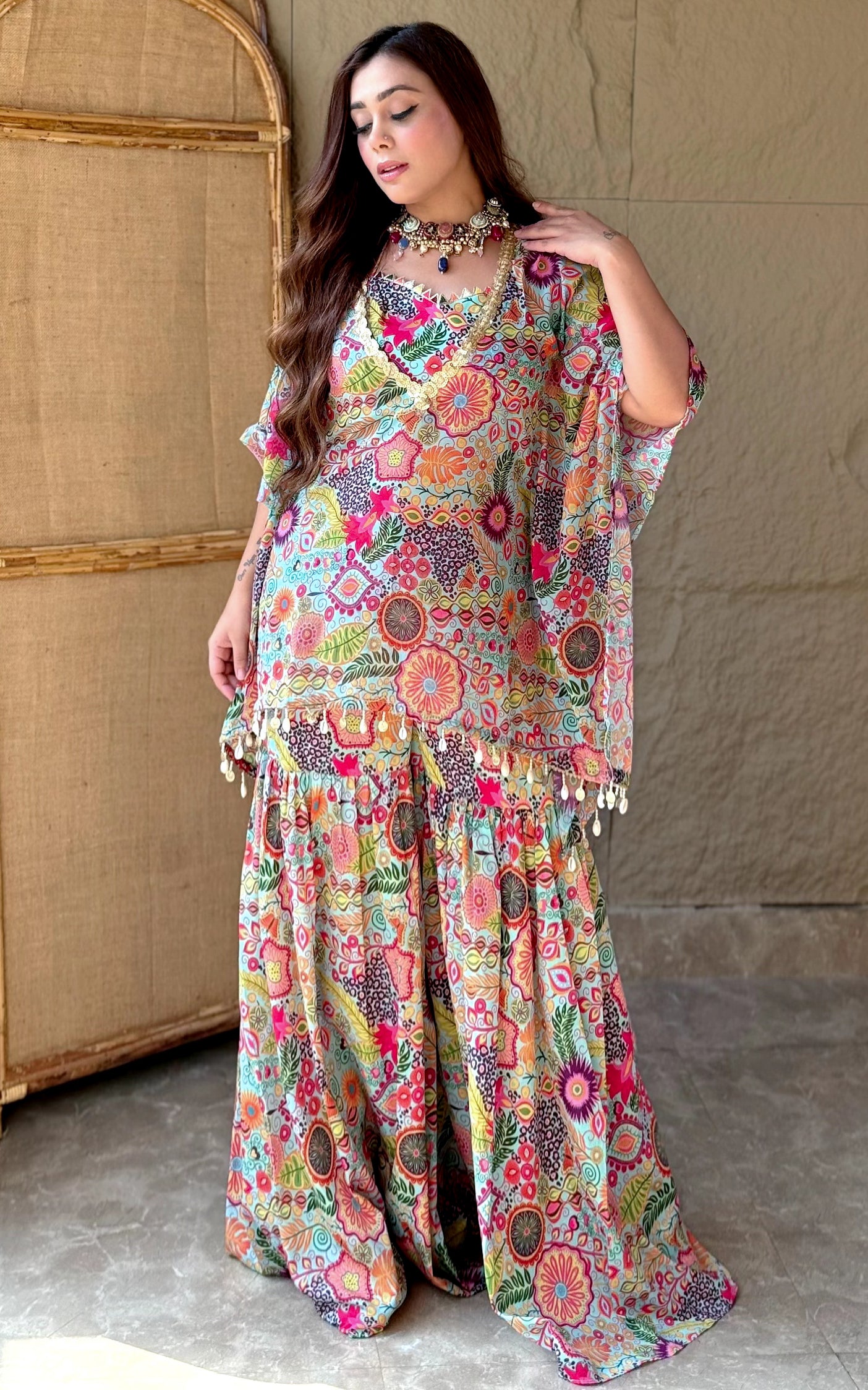 Aqua Kitschy Printed Crop Top and Sharara Set