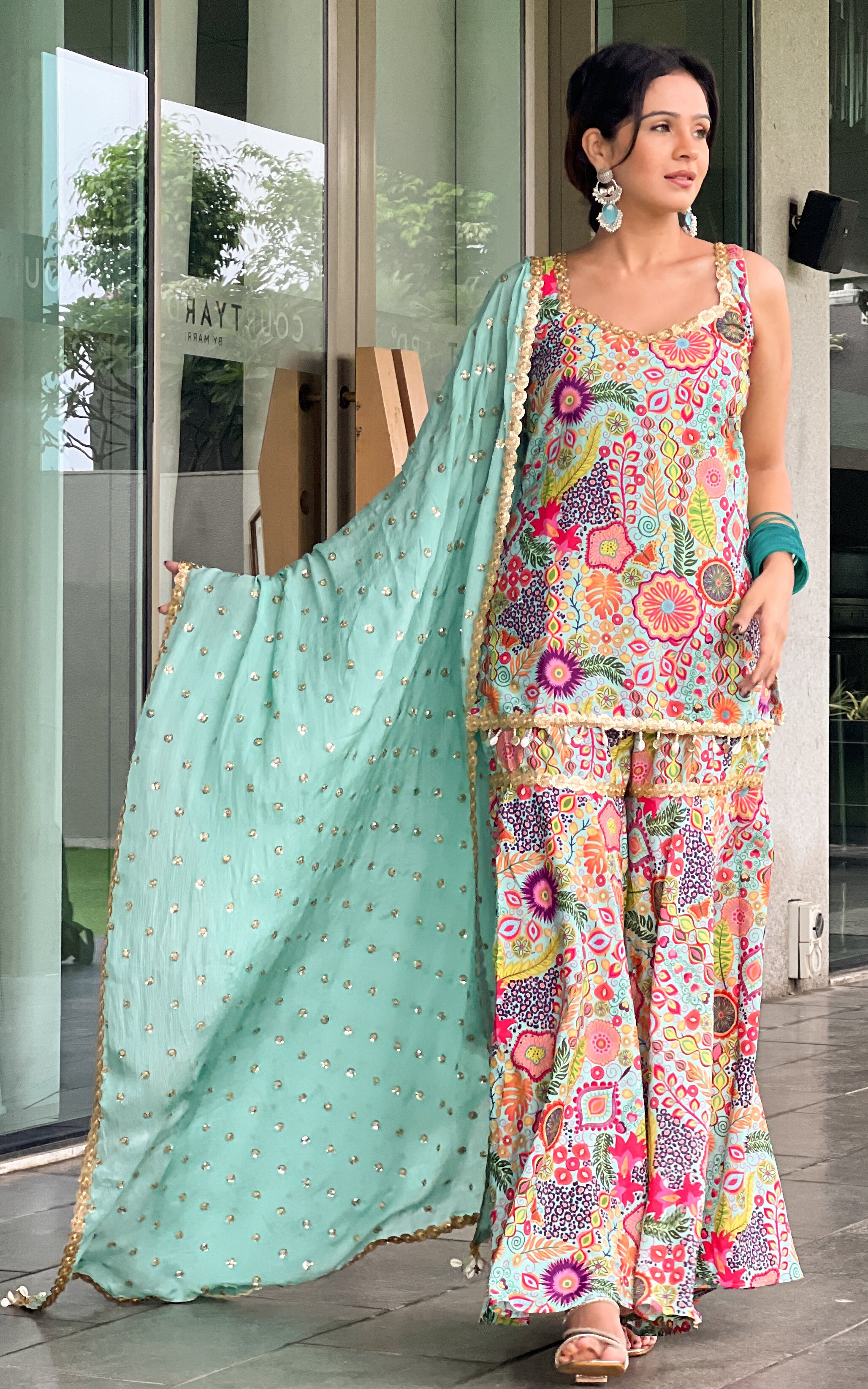 Fenil Umrigar Turquoise Kitschy Printed Crepe Sharara Set