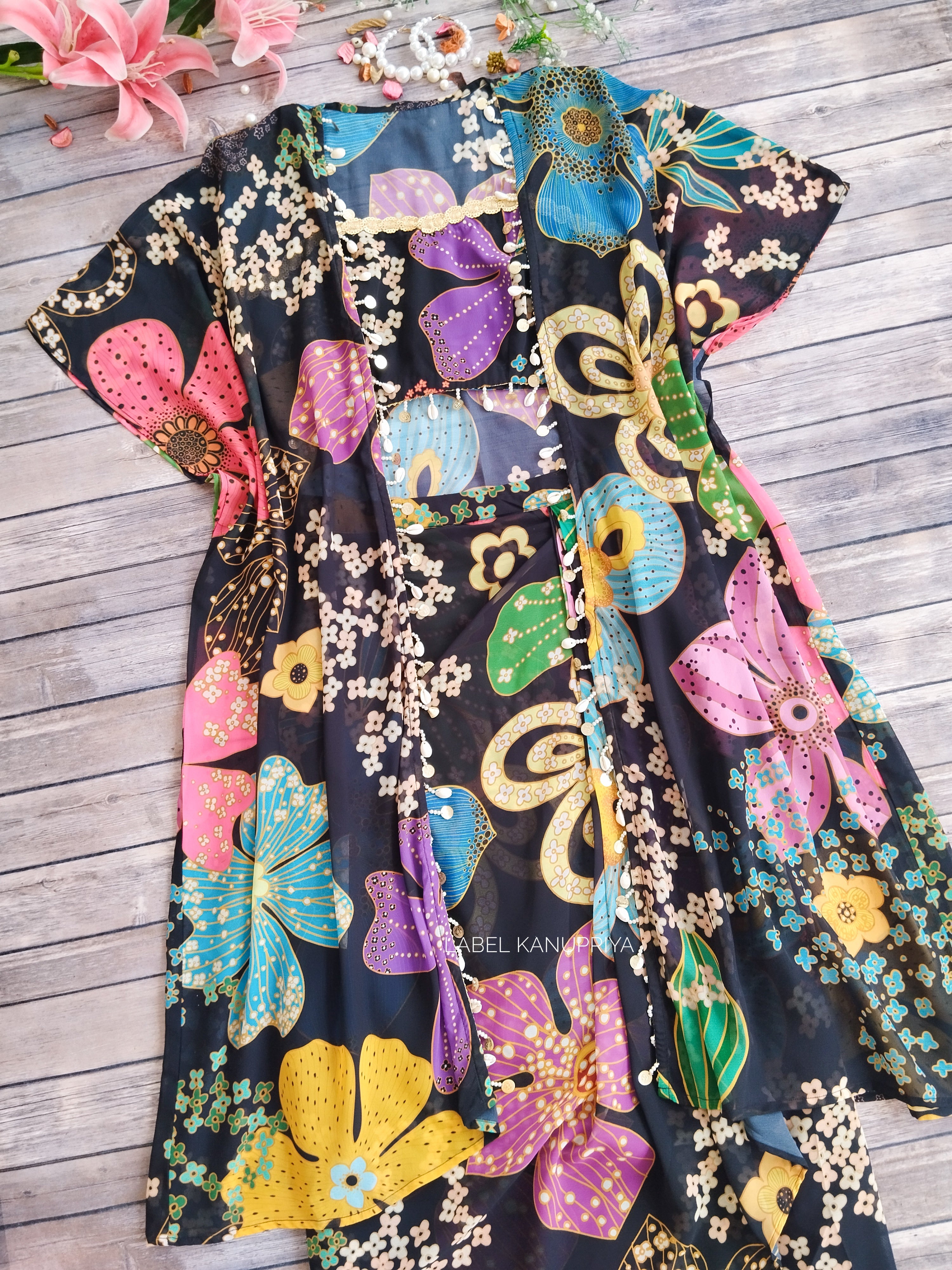 Ishita Black Floral Multicolor Crop Top & Draped Skirt Co-ord Set