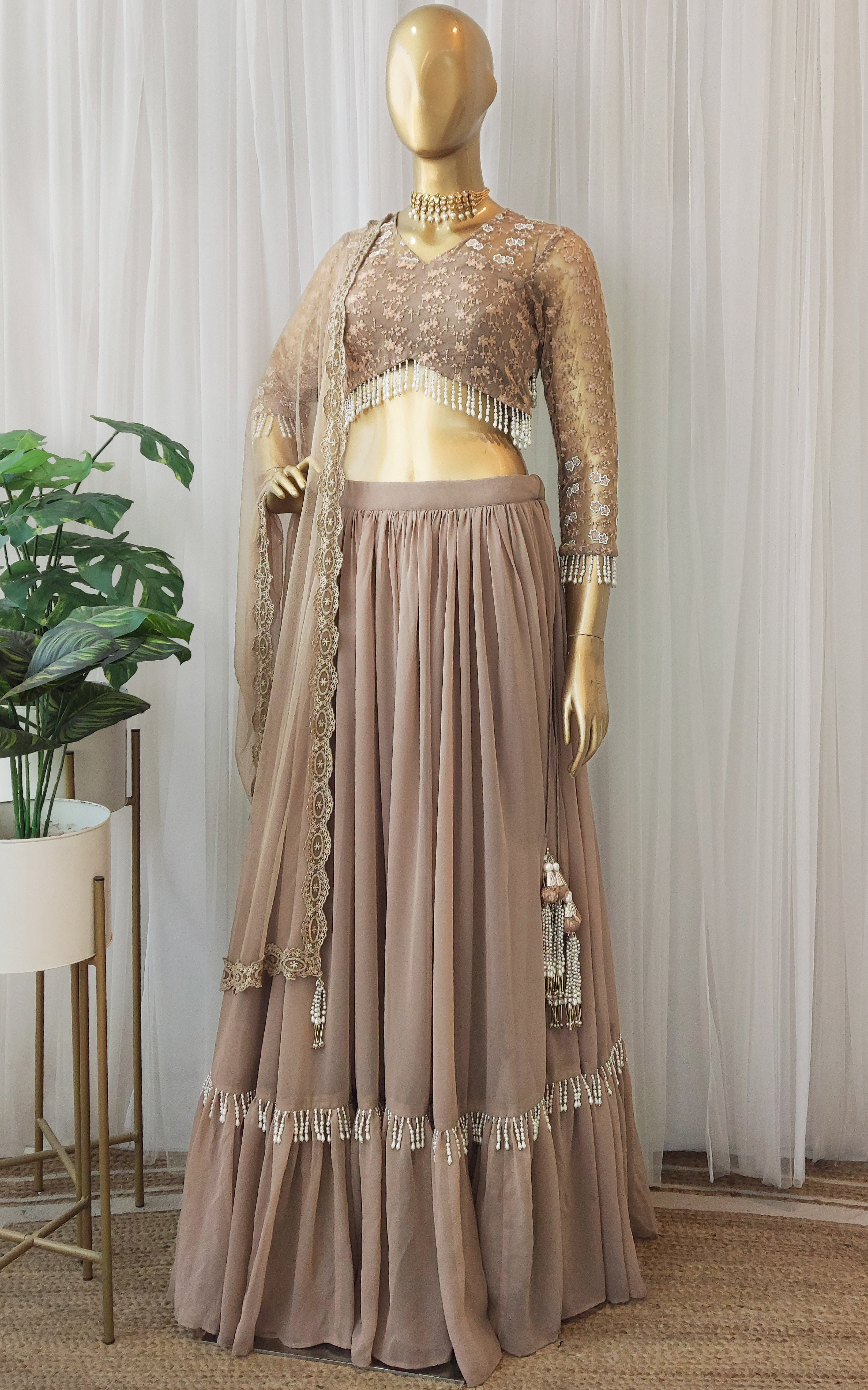 Taupe Lace & Pearl Work Georgette Lehenga