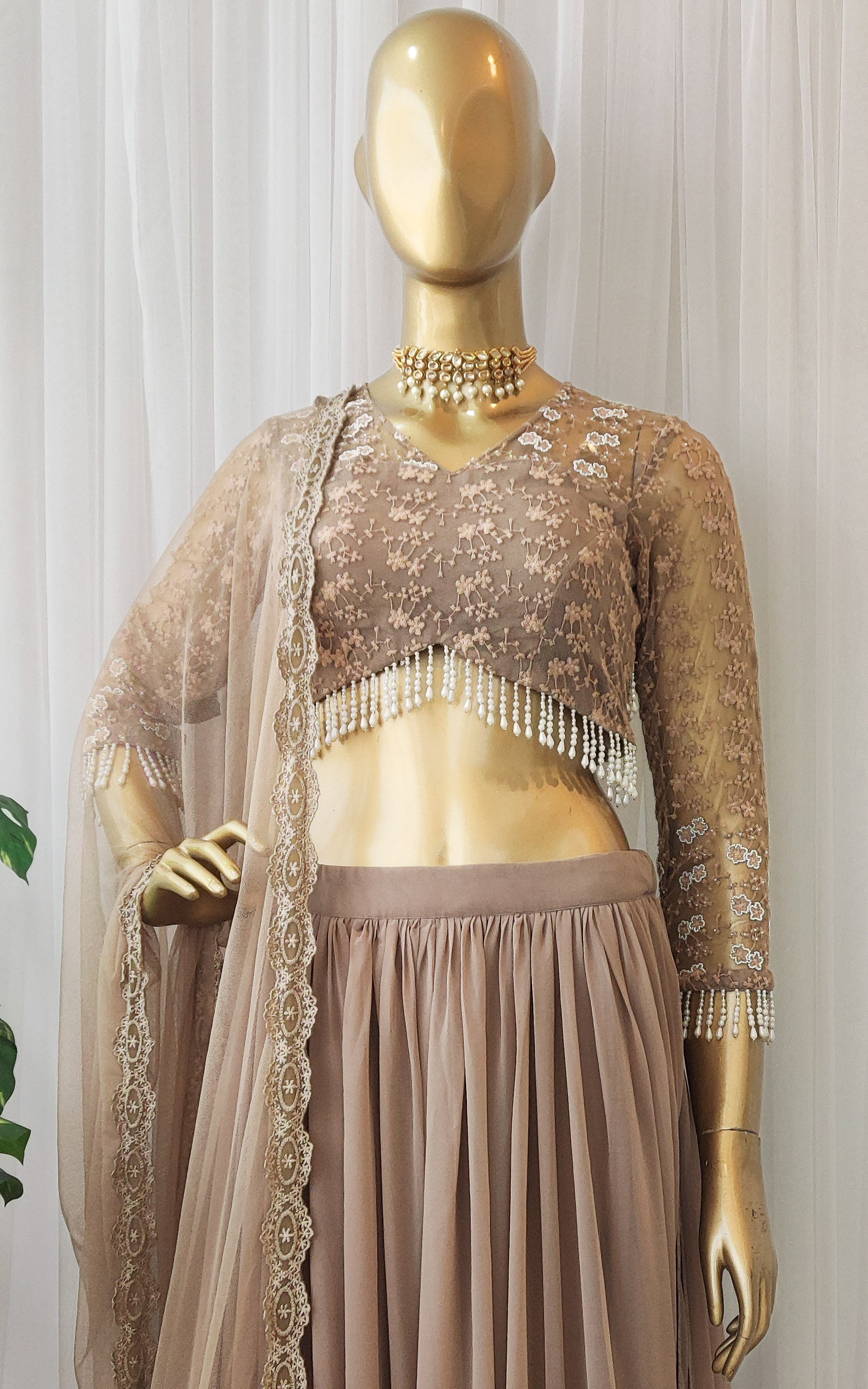 Taupe Lace & Pearl Work Georgette Lehenga