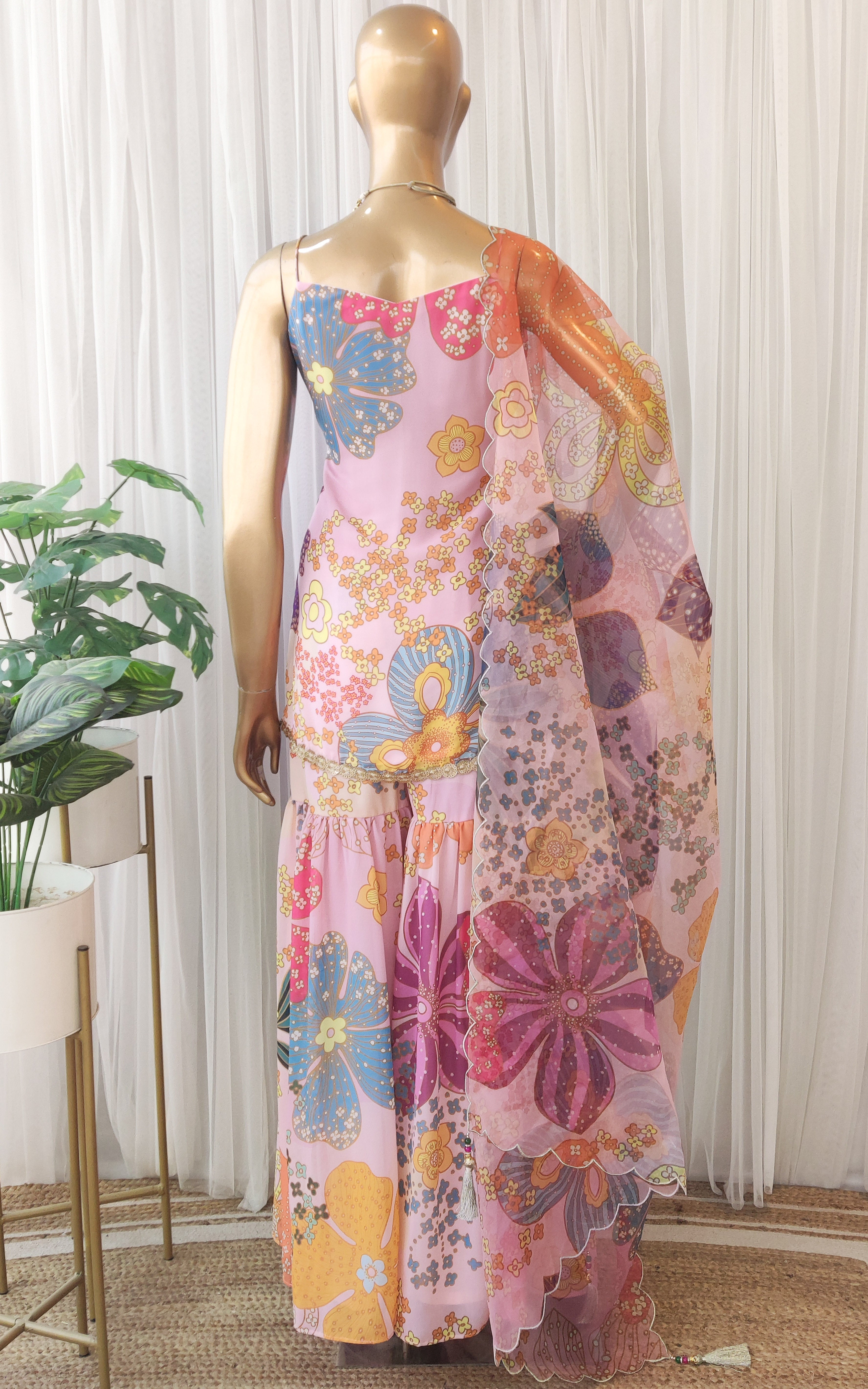 Vintage Pink Multicolor Floral Print Georgette Sharara Set
